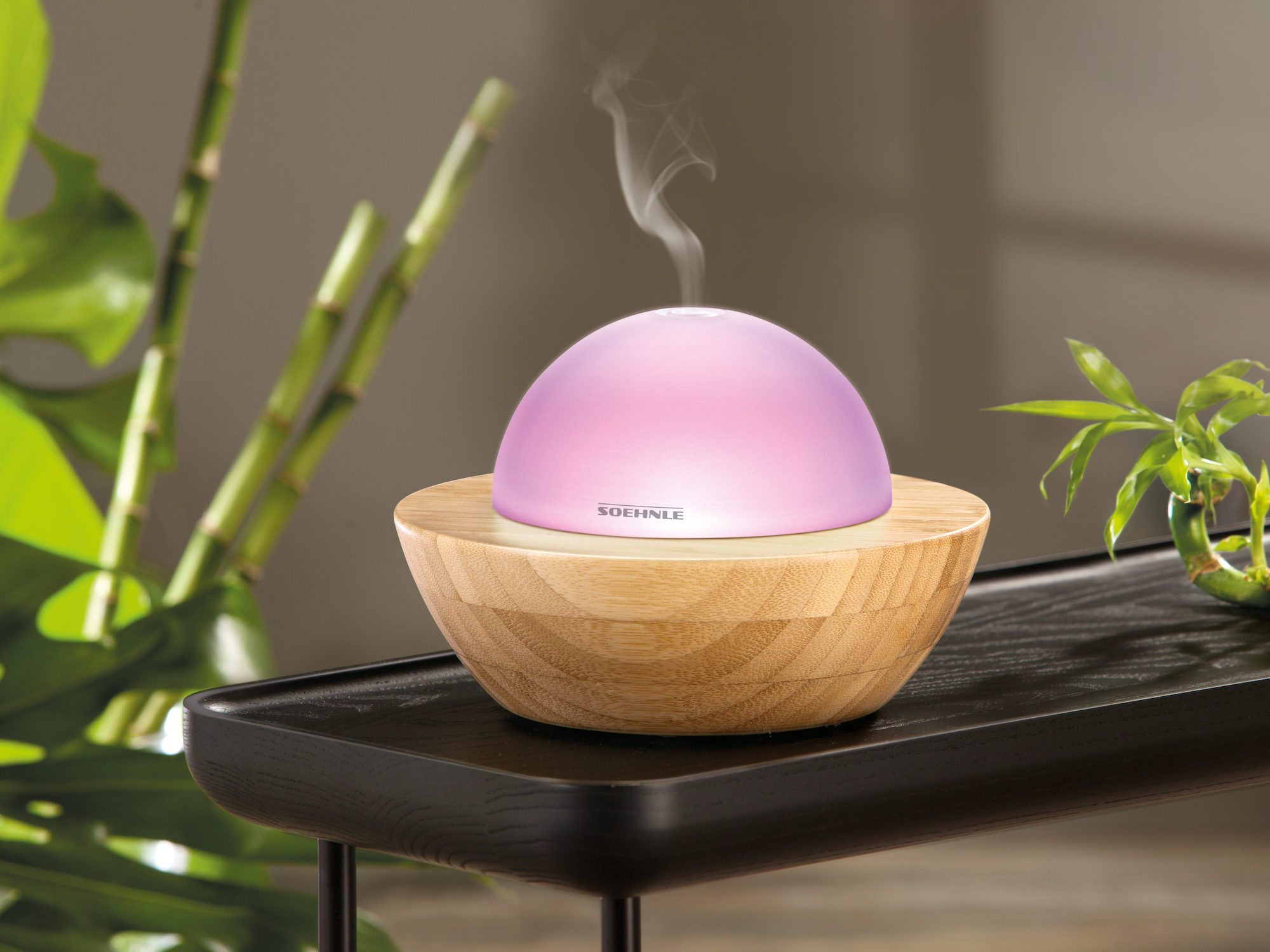 Podświetlony, fioletowo świecący dyfuzor na drewnianej podstawie, z roślinami w tle.