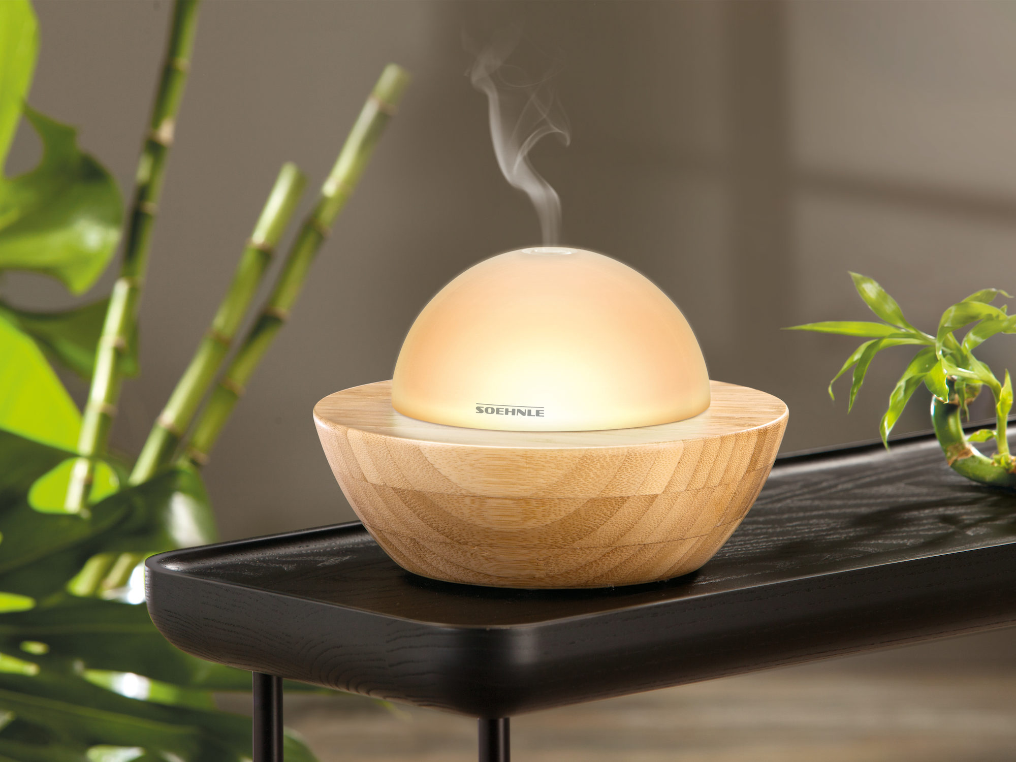 Dyfuzor olejków eterycznych z bambusową podstawą, na czarnym stoliku, z roślinami.