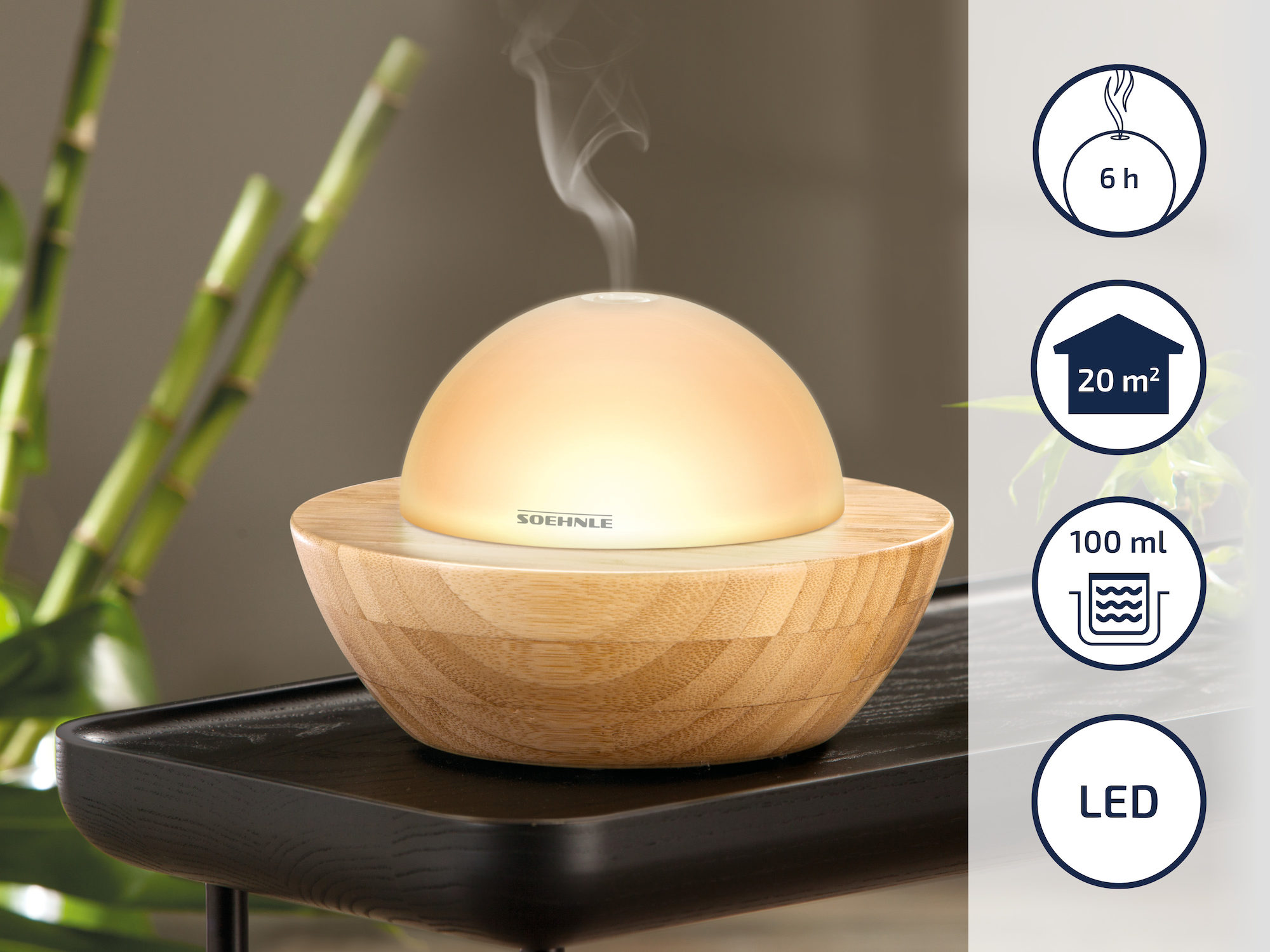 Dyfuzor zapachów z drewnianą podstawą i ikonami informacyjnymi po prawej stronie.