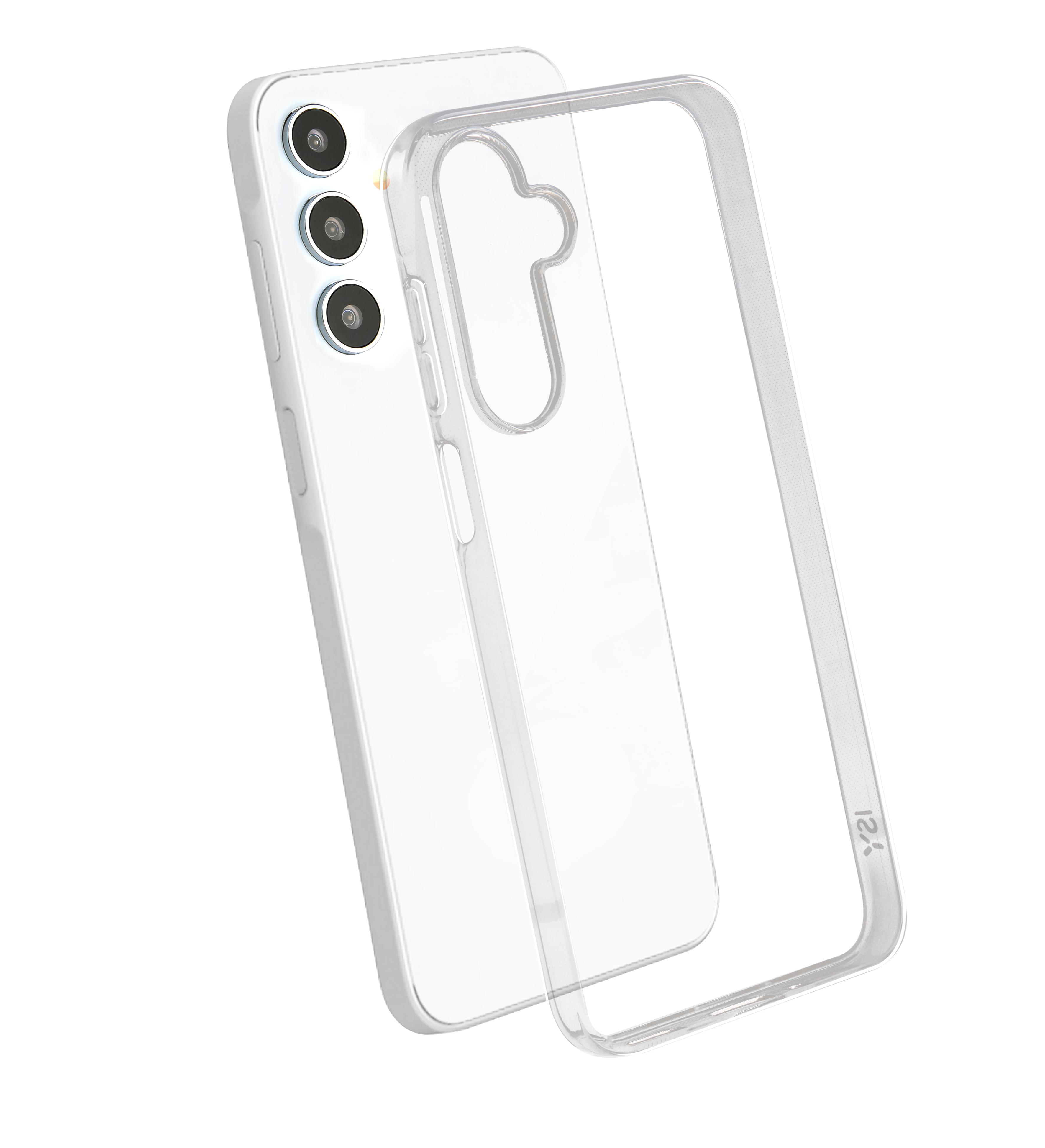 Eine transparente Handyhülle auf einem weißen Telefon mit drei Kameralinsen.
