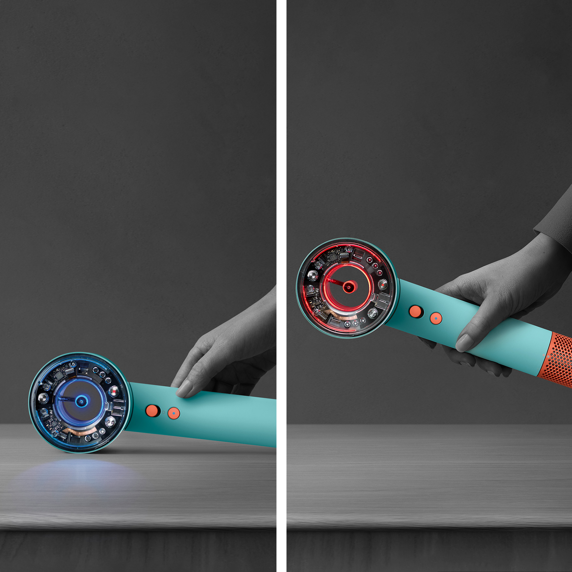 Turkusowa suszarka do włosów, z ciemnoszarym tłem. Lewy obrazek pokazuje wyłączoną suszarkę.