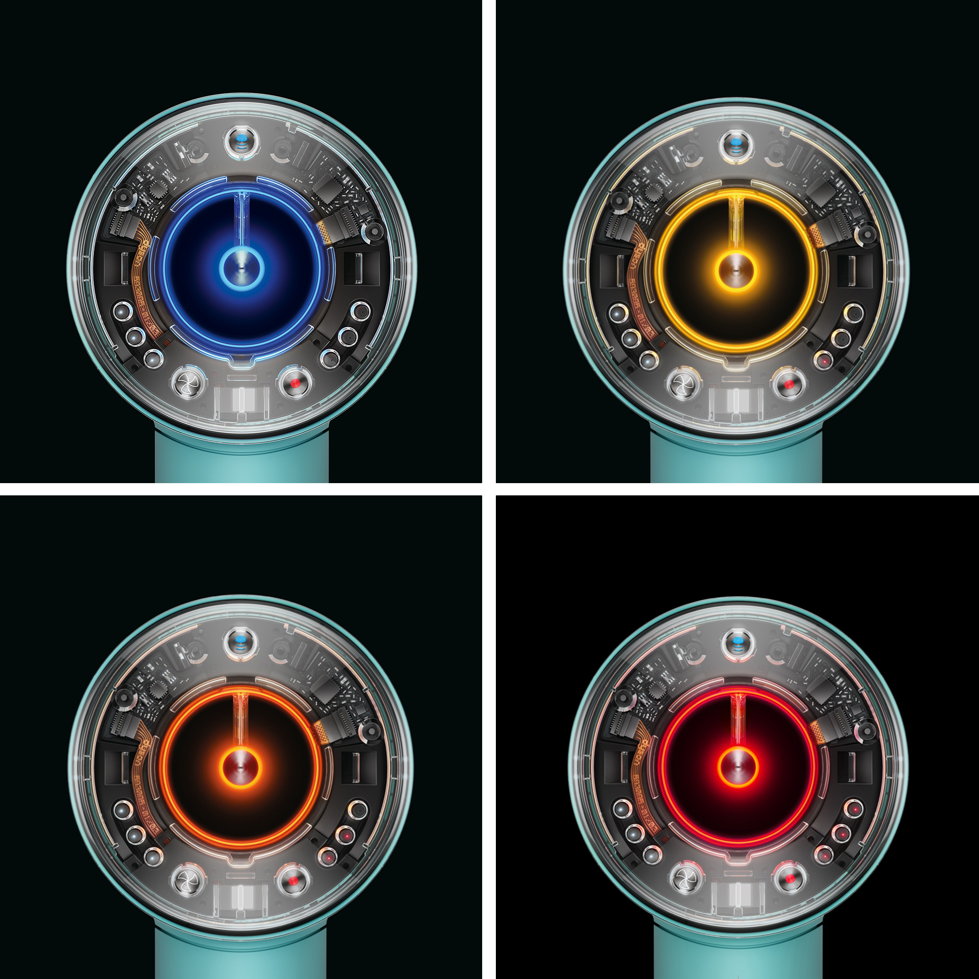 Zbliżenie przycisku zasilania turkusowej suszarki do włosów, różne kolory światła.