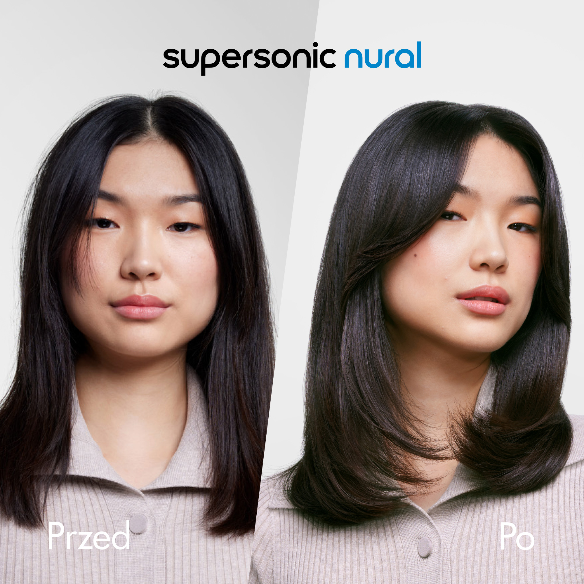 Zdjęcie kobiety przed i po z długimi, ciemnymi włosami. Po prawej stronie widać ułożone włosy.