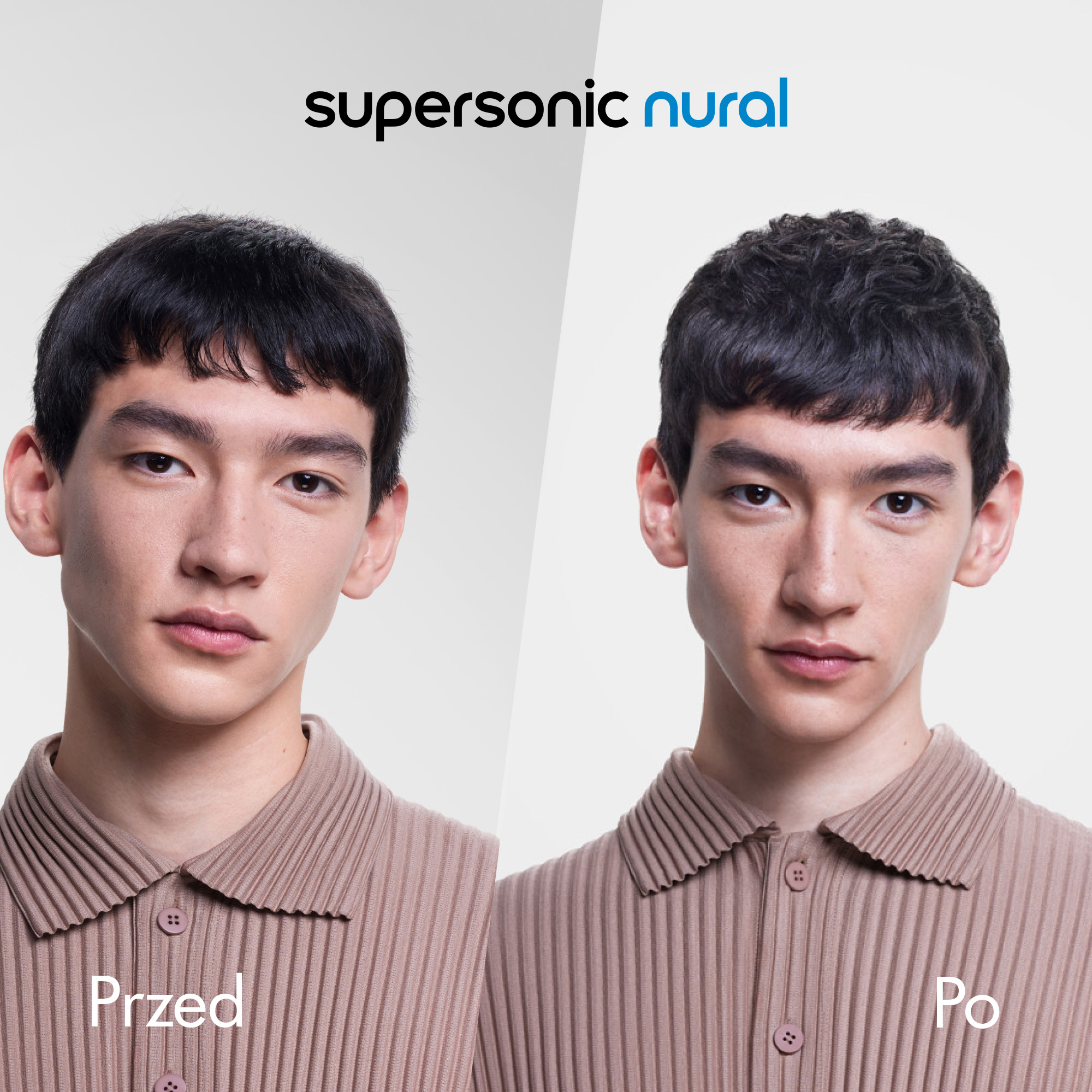 Dwóch mężczyzn o podobnych cechach, jeden przed i jeden po zabiegu, z tekstem.