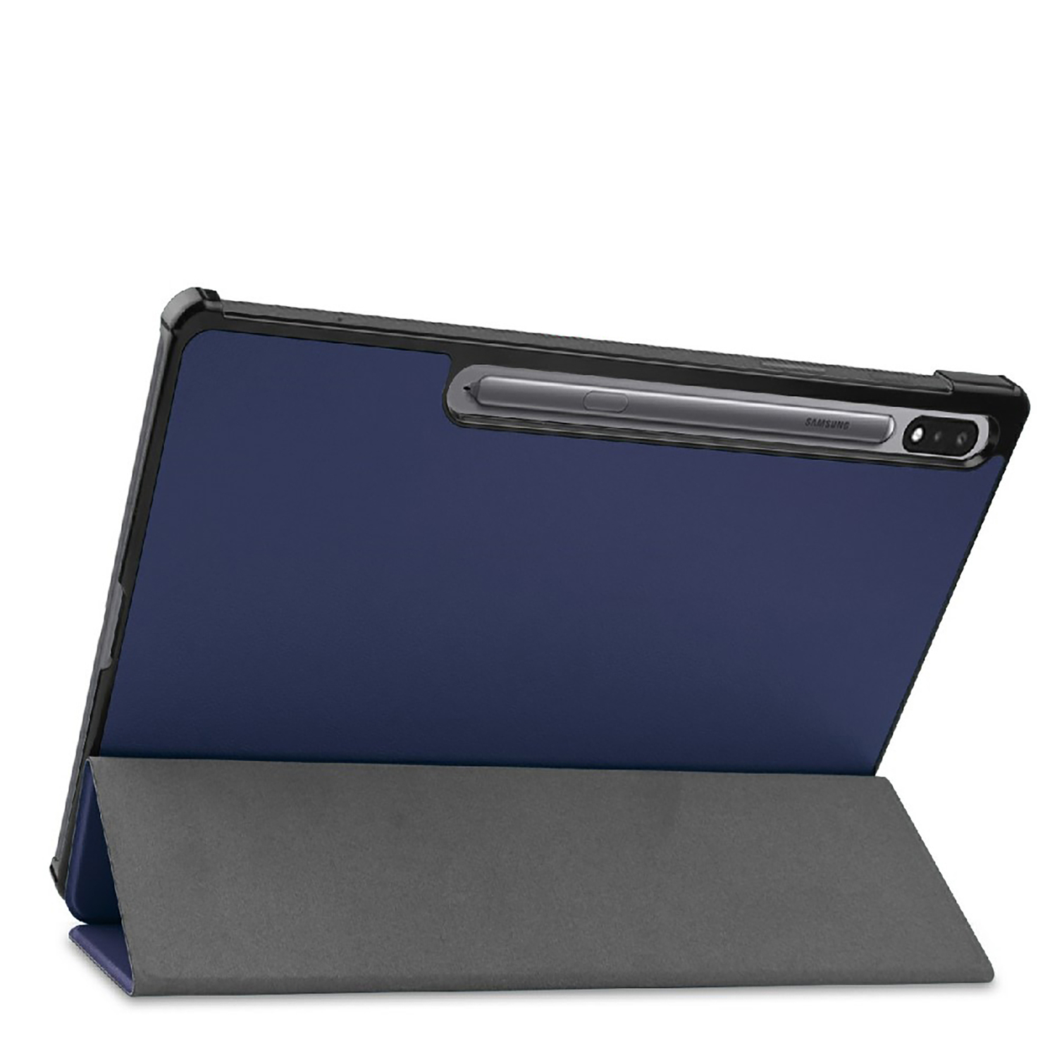 Une tablette dans une housse bleue, avec un stylo dans le support, légèrement inclinée.