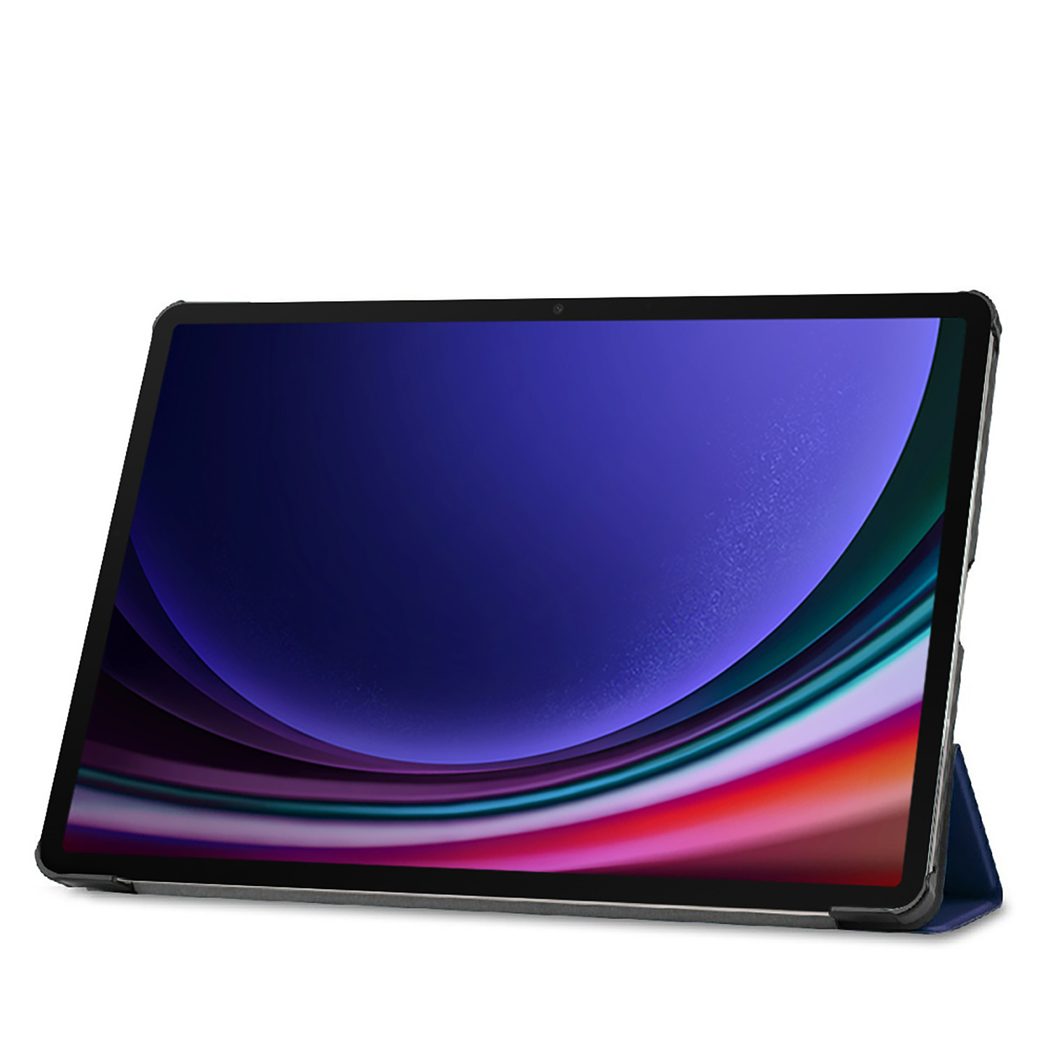 Une tablette avec un étui. L'écran est allumé. L'étui est noir et gris.