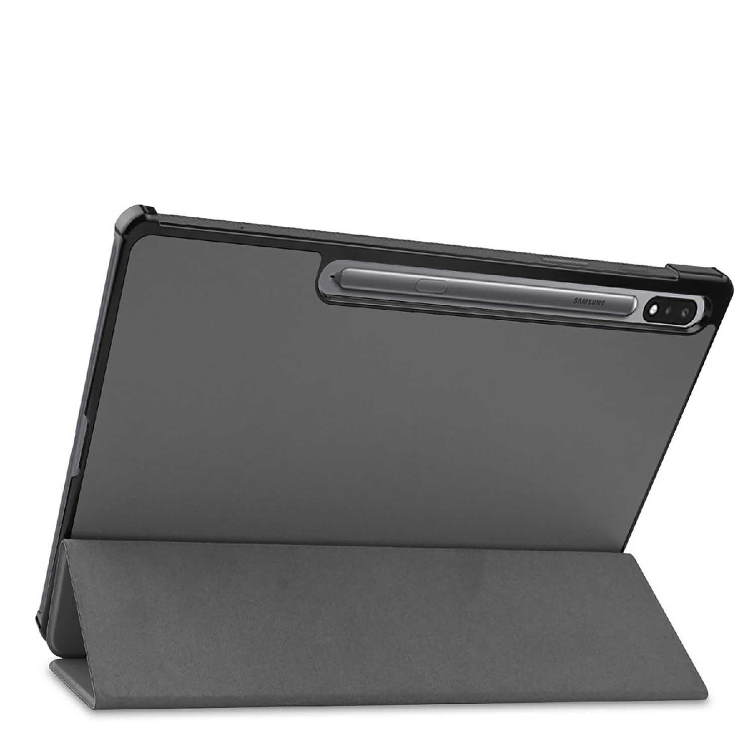 Une tablette grise avec une bordure sombre, reposant sur un support. Un stylet est dans la fente supérieure.