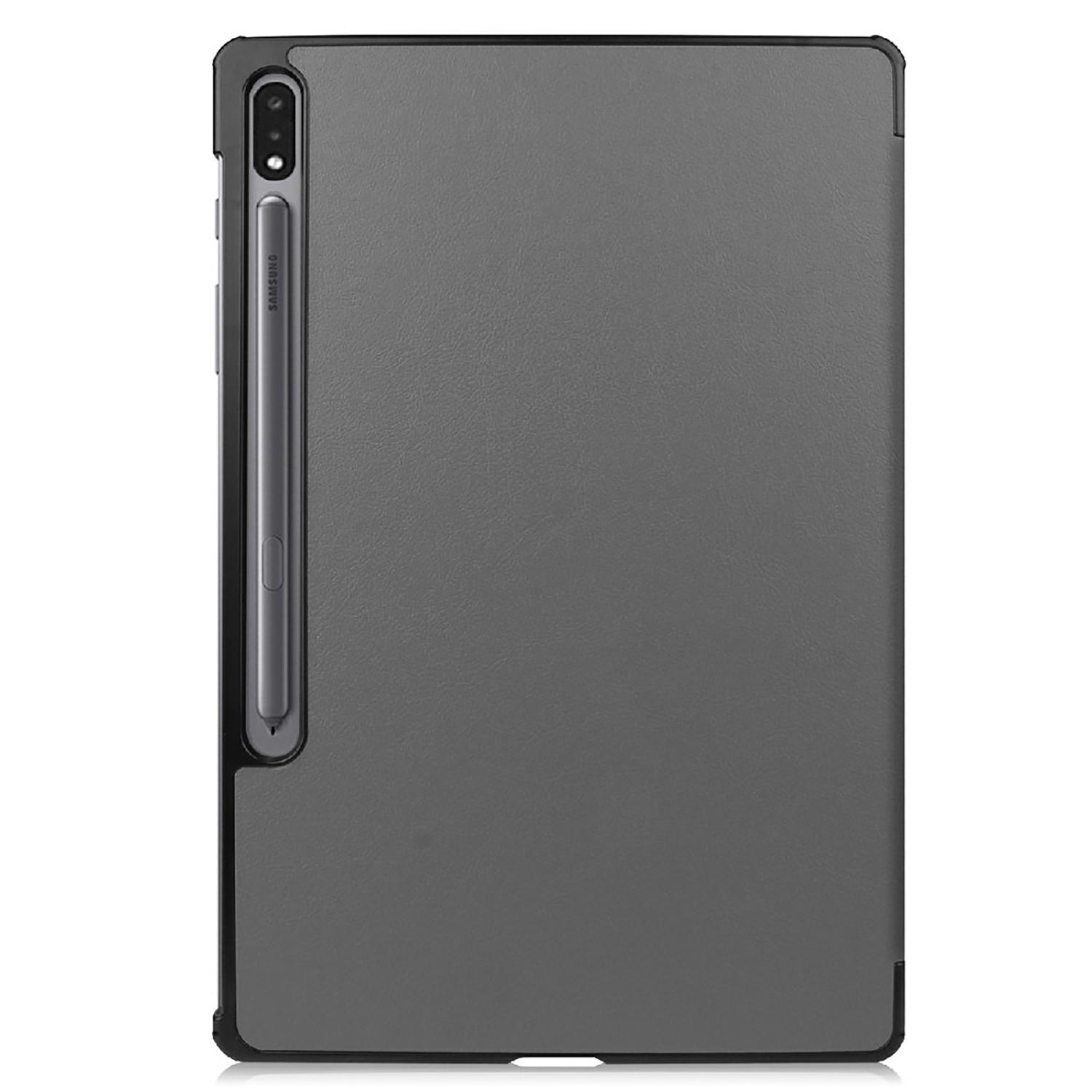 Étui de tablette gris avec S Pen. La tablette est fermée. L'étui est gris.