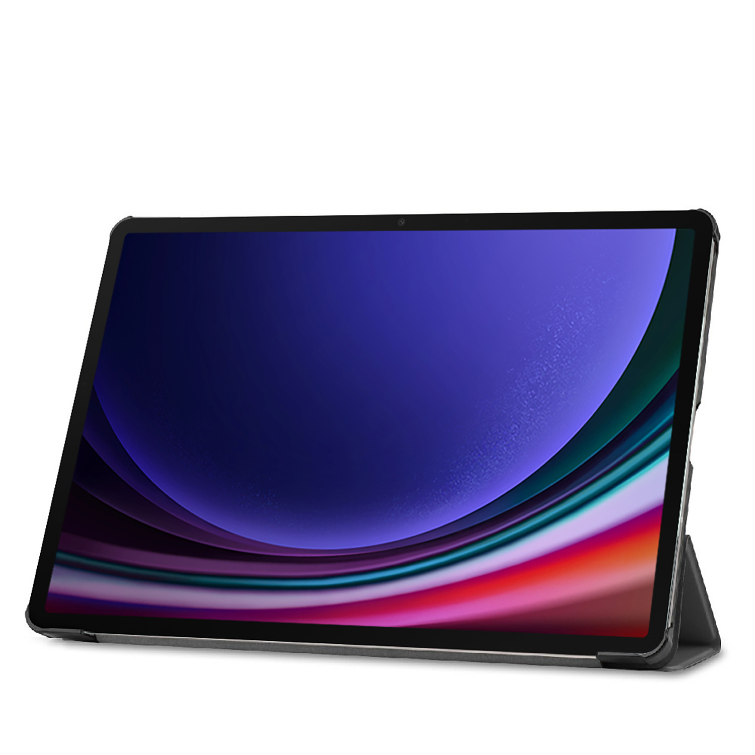 Tablette sur un support. L'écran affiche de l'art abstrait coloré. Étui noir. Fond blanc.