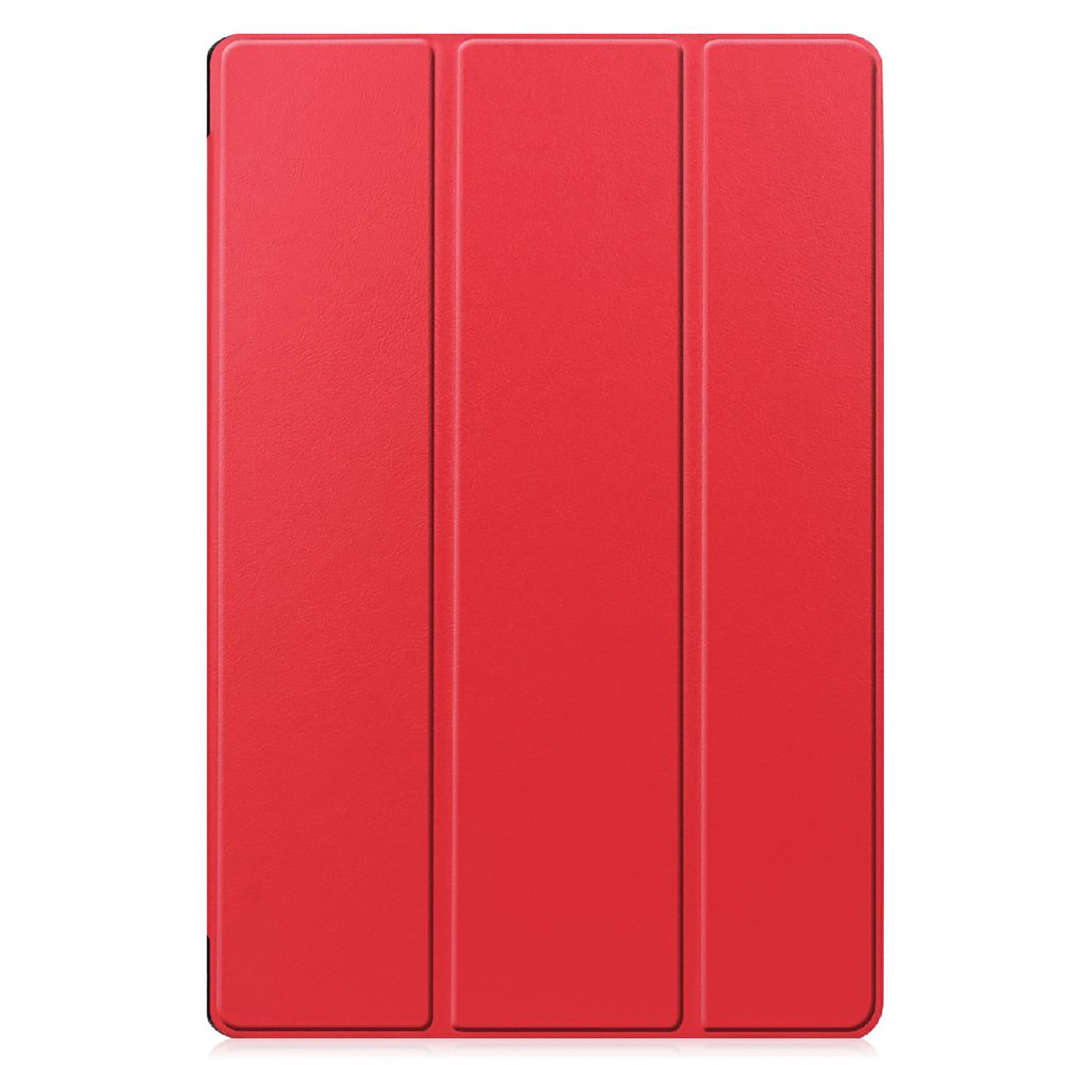 Een rode tablethoes, opgevouwen en gesloten. Het heeft drie verticale panelen.