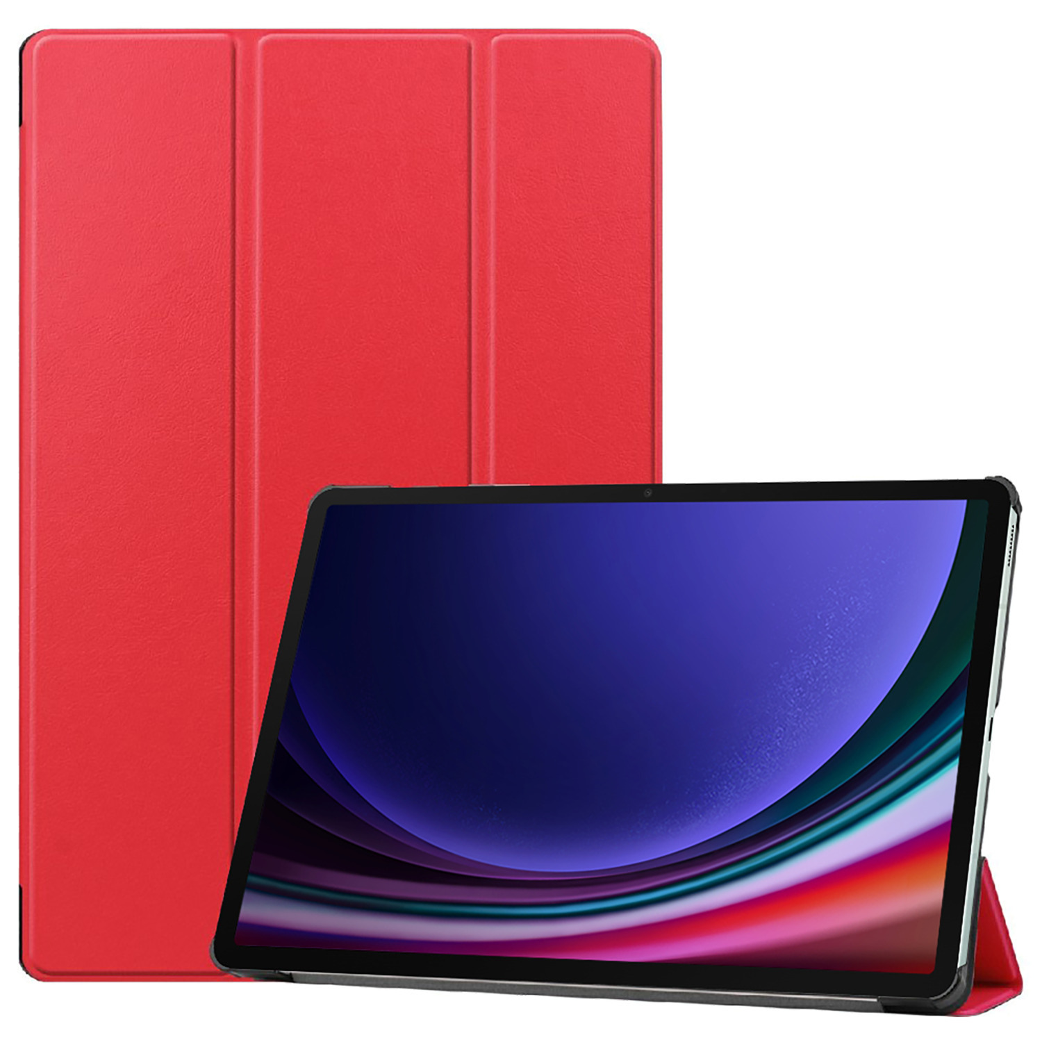 Rode tablethoes, open, met een tablet met een abstract paars en blauw ontwerp.