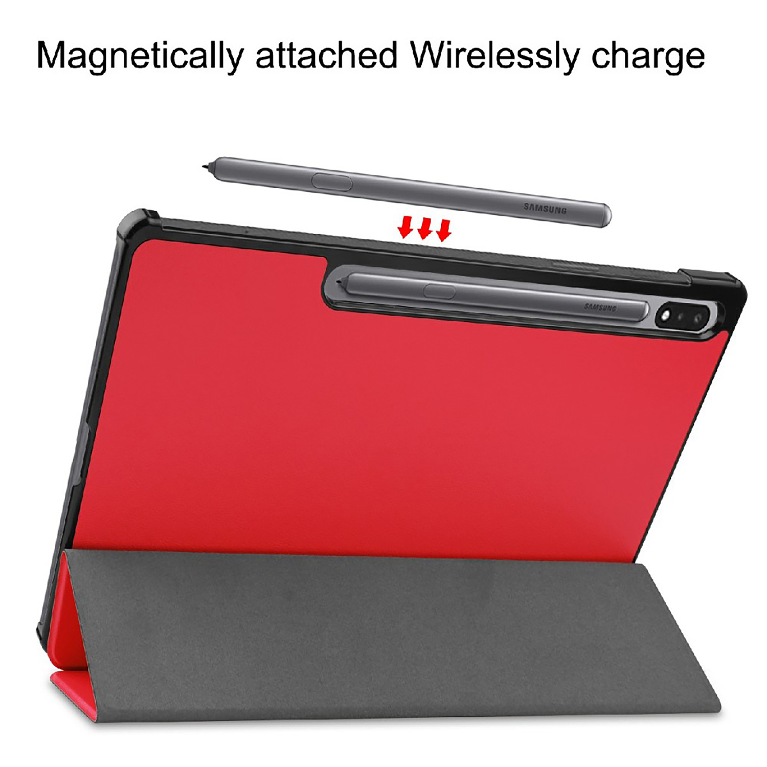 Tablet met rode hoes, stylus bevestigd. Zwarte hoes met grijze vouw.