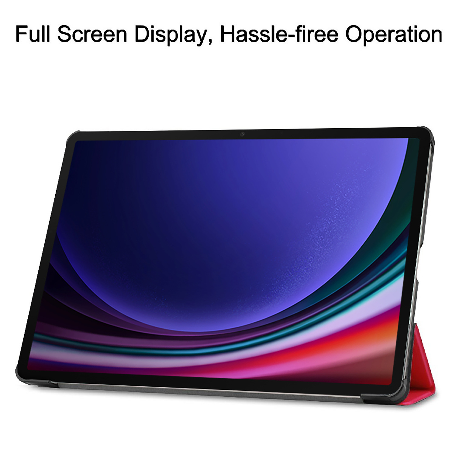 Een tablet met een levendig scherm, weergegeven in een rode hoes.