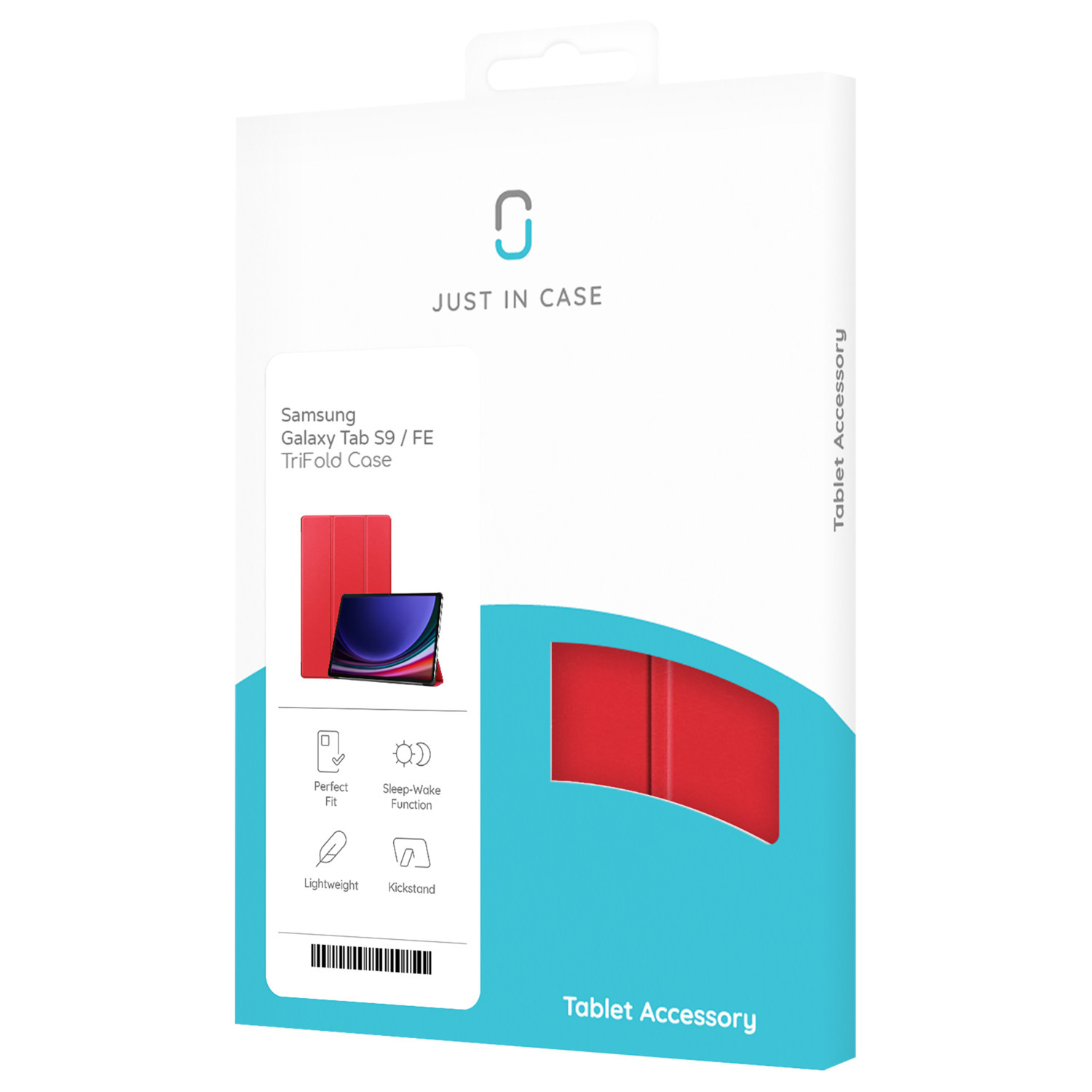 Een tabletcase-doos met een rode case en functies: perfecte pasvorm, sleep-wake-functie.