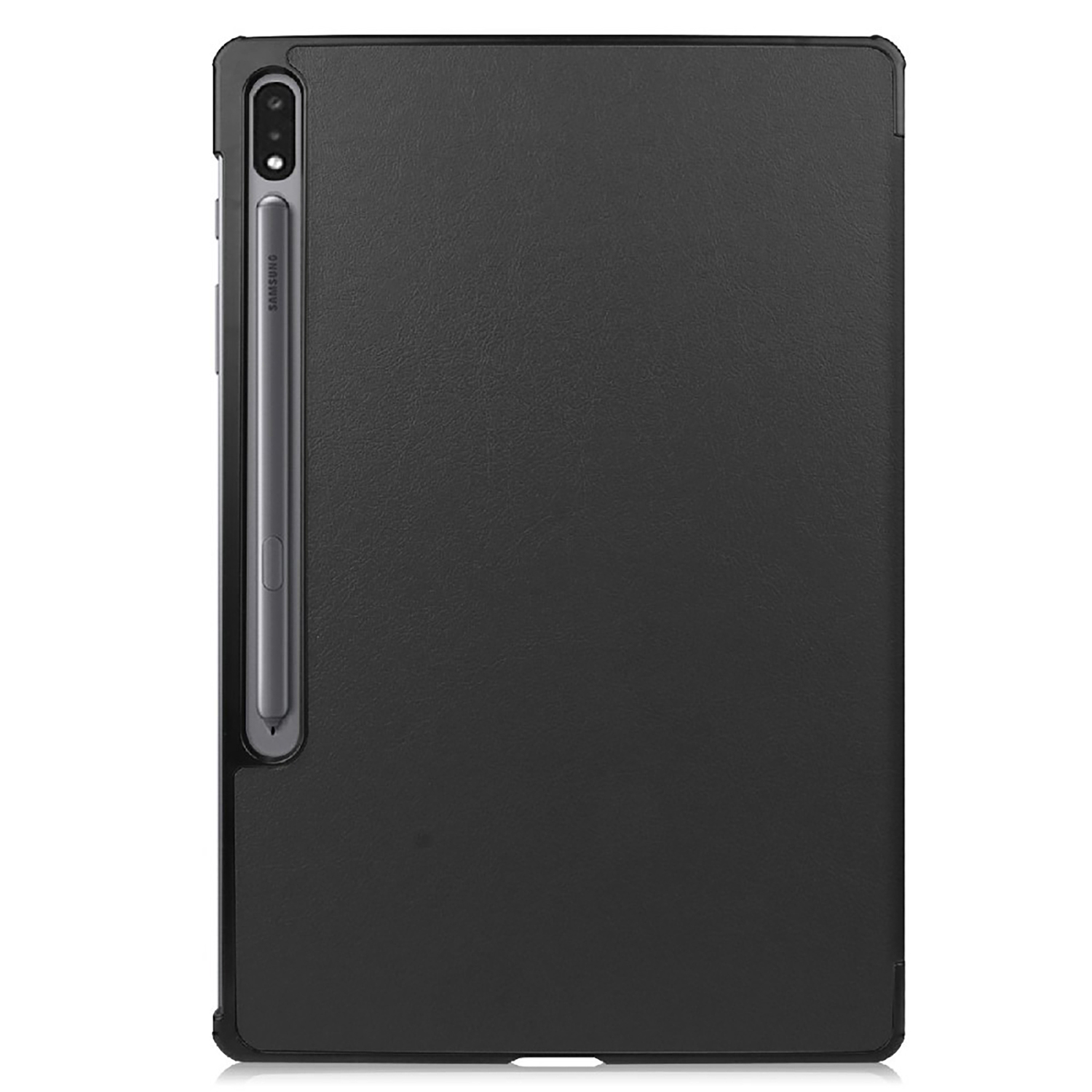 Tablette noire avec stylo. Elle a une housse noire.