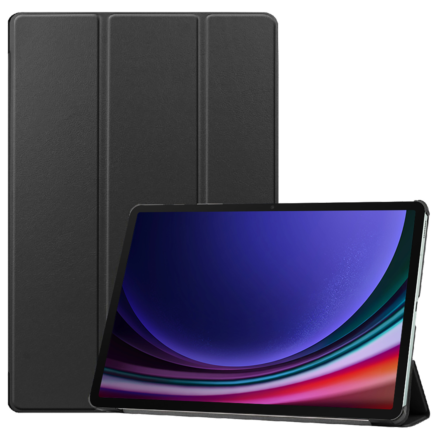 Une tablette noire avec une housse. La tablette est allumée, affichant un écran coloré.
