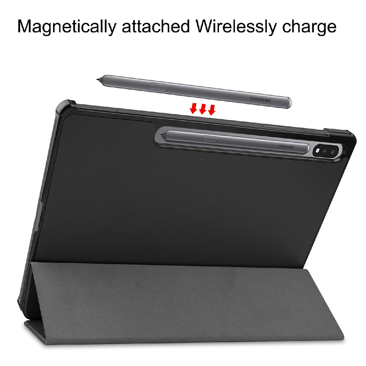 Tablette noire avec un stylet en suspension au-dessus, le texte dit 'Magnetically attached Wirelessly charge'.