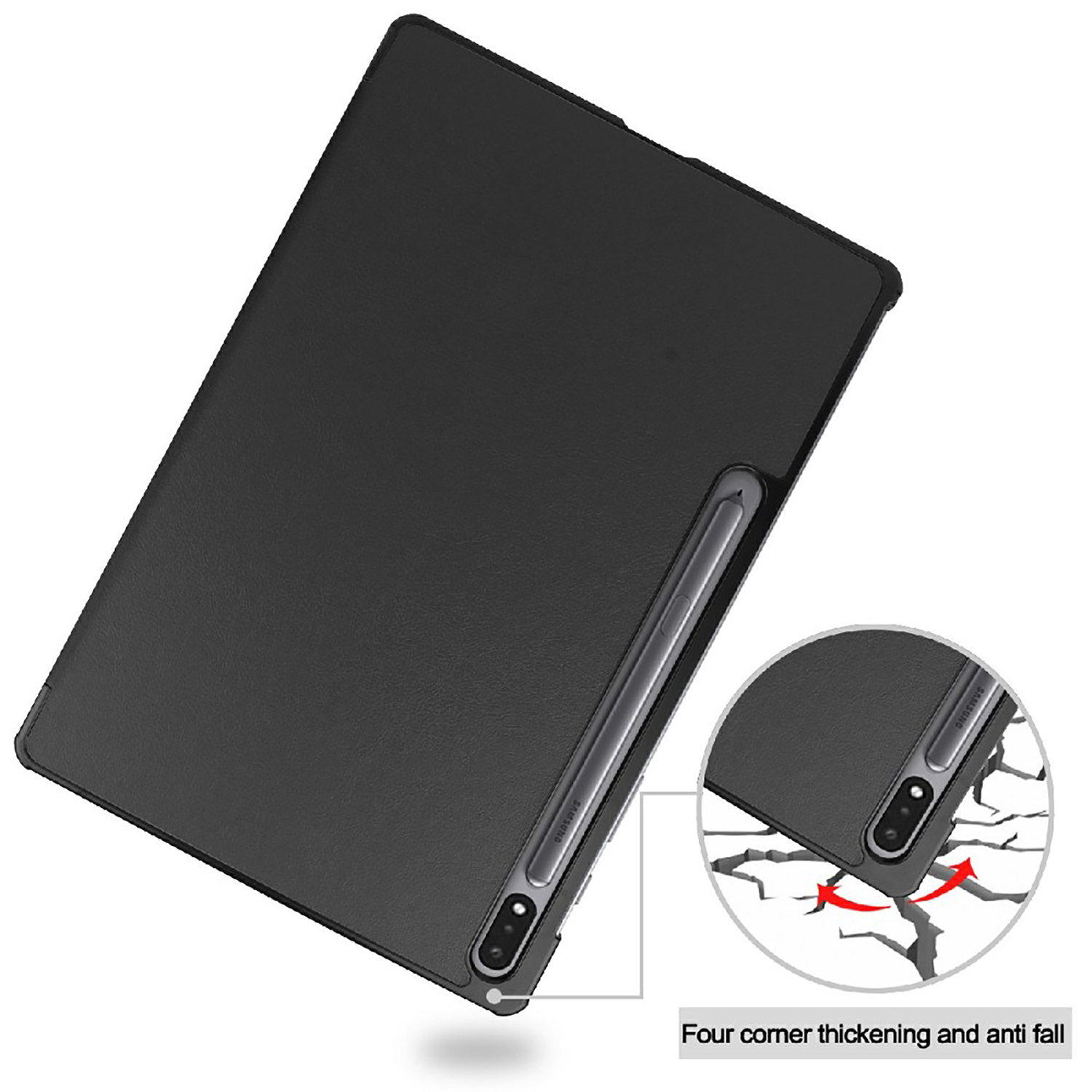 Une tablette noire avec un stylet. Le coin de la tablette montre une protection.
