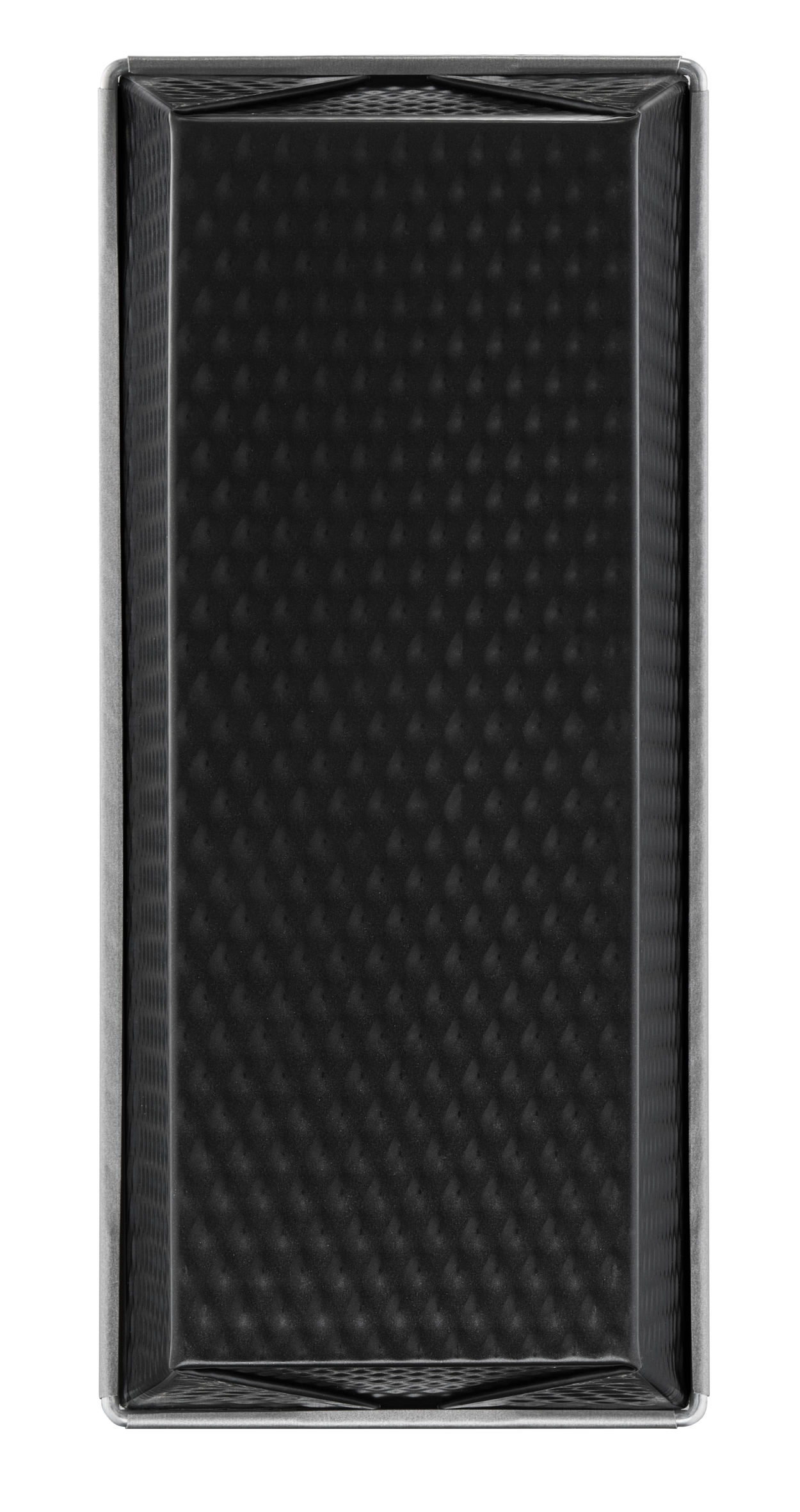 Czarna prostokątna taca z teksturowanym wzorem, wyizolowana na czarnym tle.