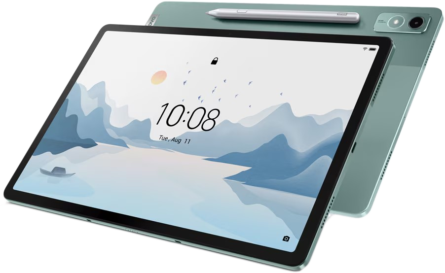 Menta zöld tablet tollal. A képernyő napot és hegyeket ábrázoló tájat jelenít meg.