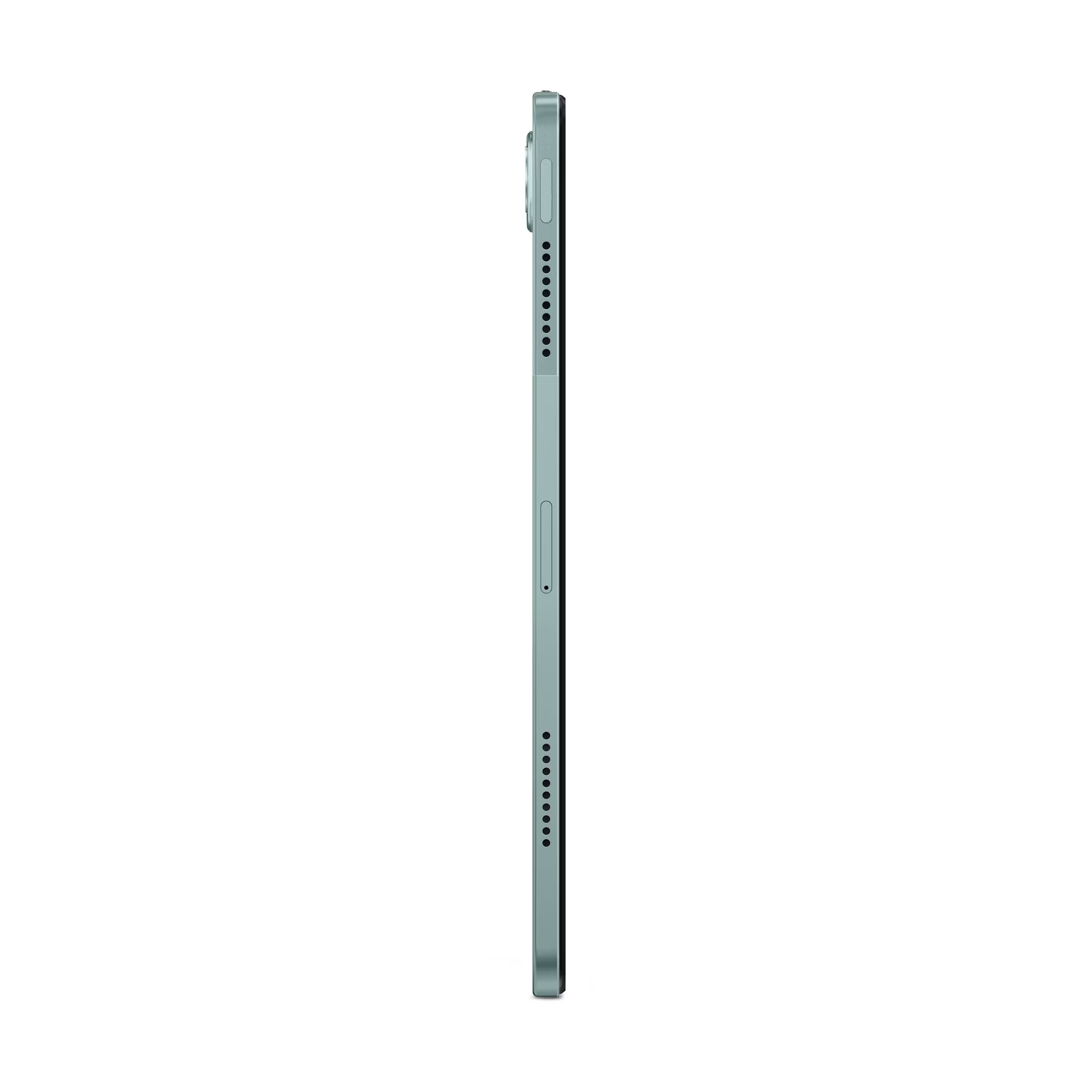 Világoszöld tablet oldalsó nézete, fehér háttérrel.