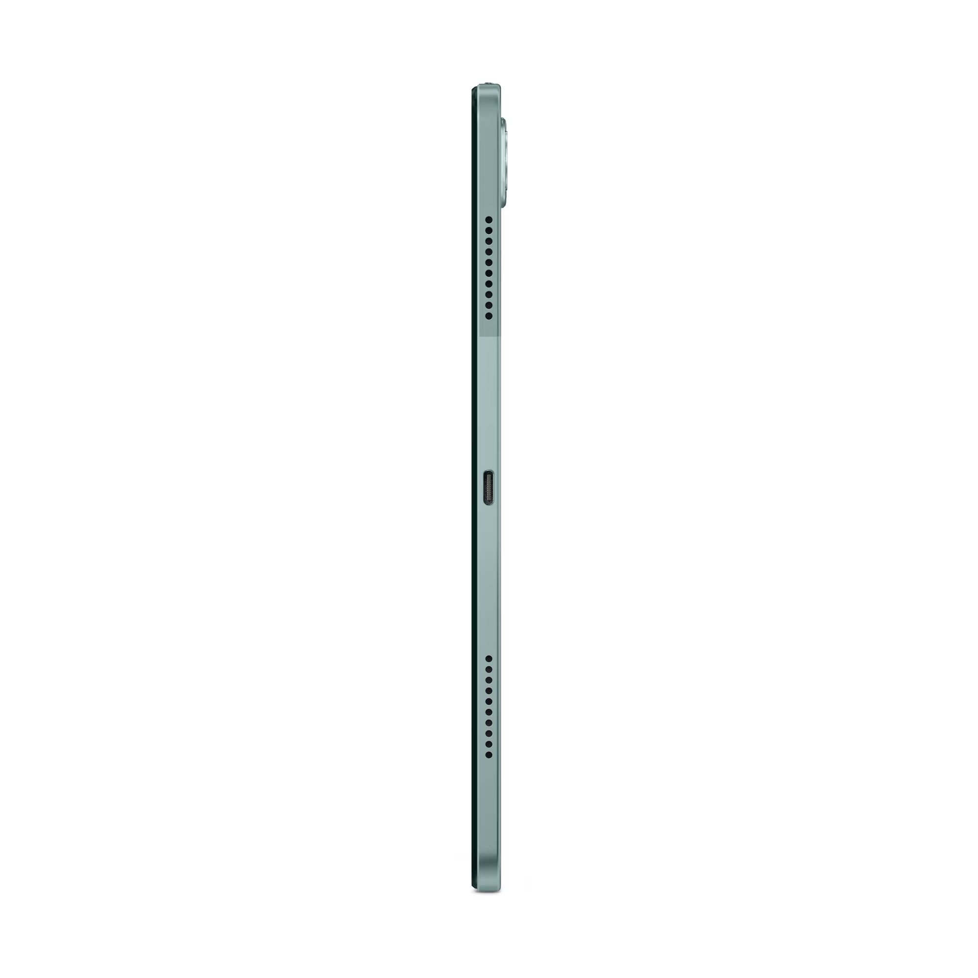 Egy tablet oldalsó nézete, mely a profilját mutatja. Szürke, látható kamerával és portokkal.