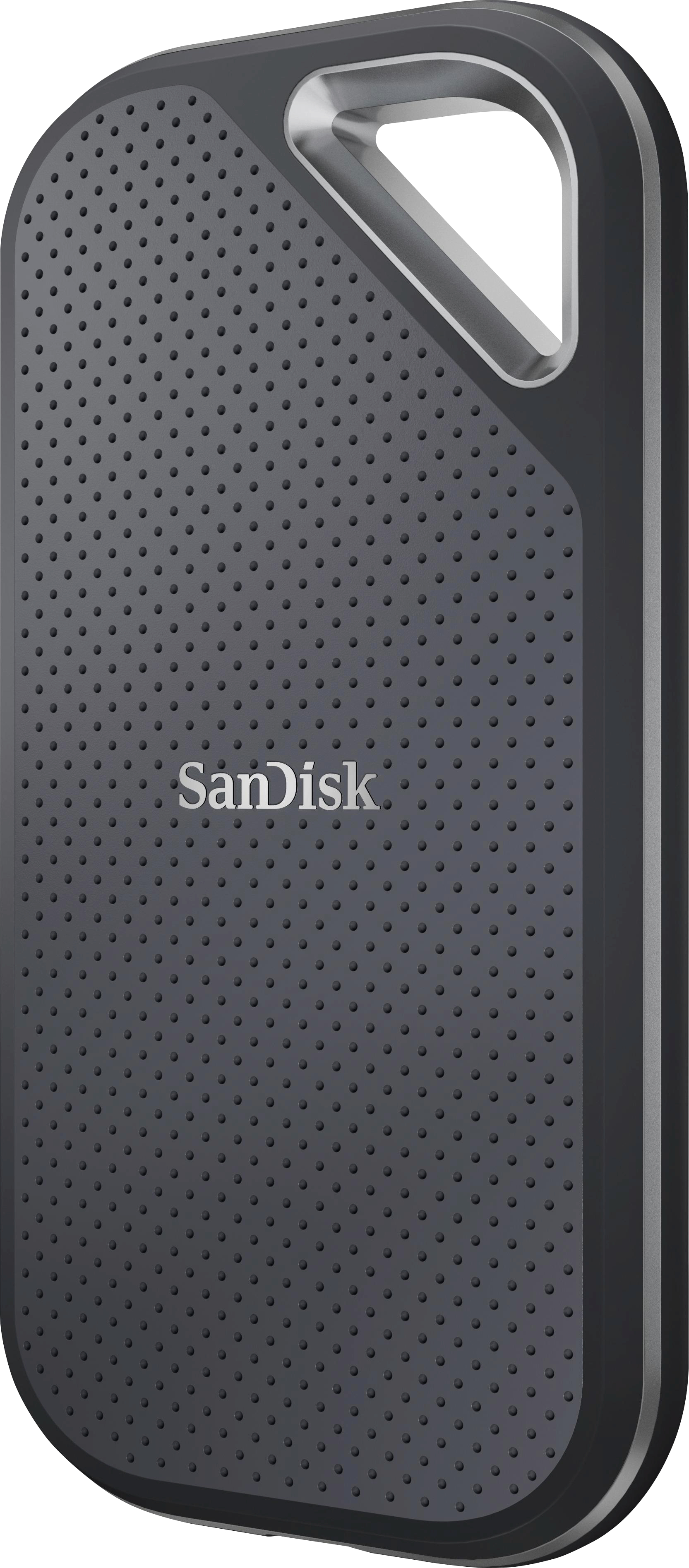Ein dunkelgraues Sandisk-Speichergerät mit einer Schlaufe. Es hat das Sandisk-Logo.