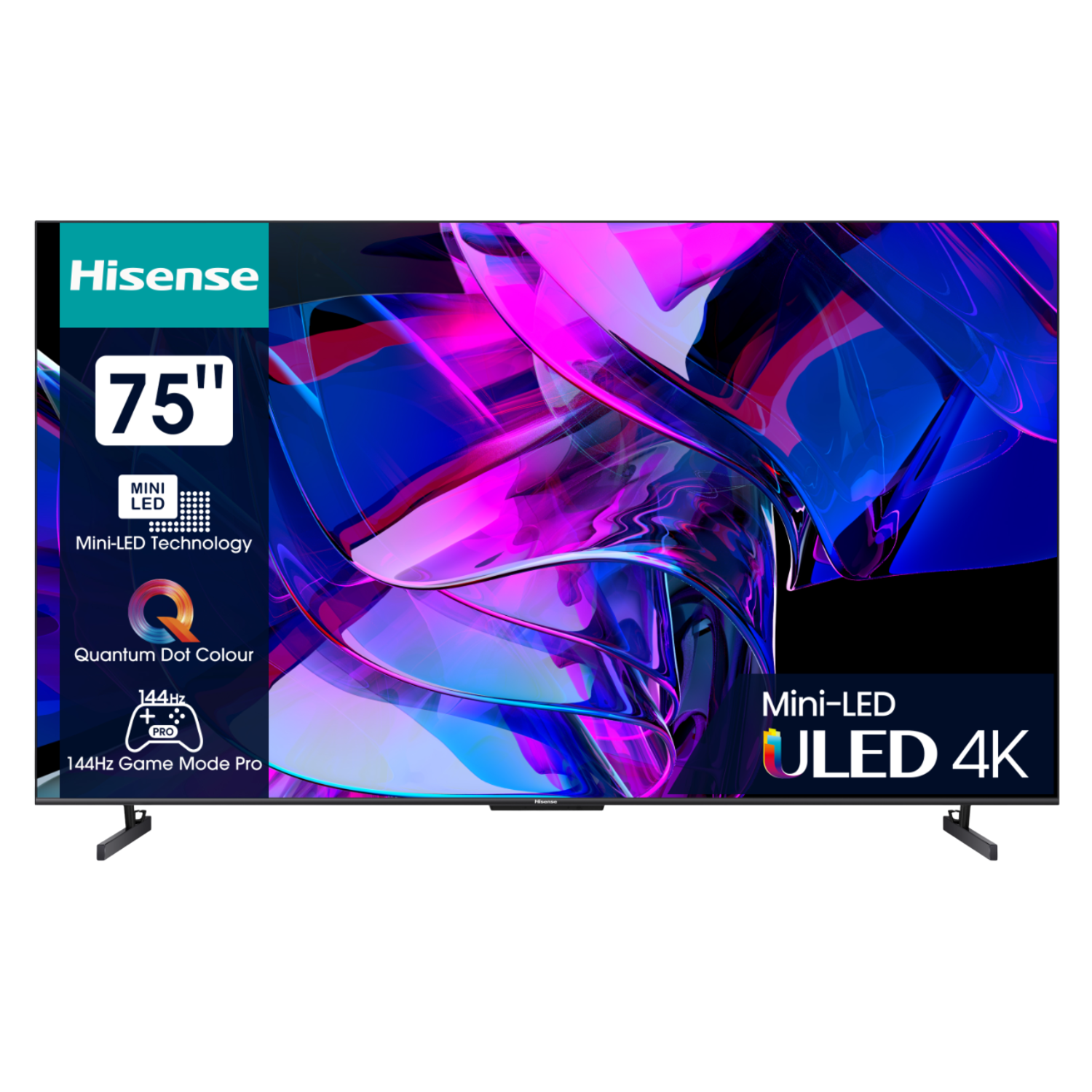 75-inch Hisense ULED 4K TV met Mini-LED technologie, toont een levendige abstracte afbeelding.