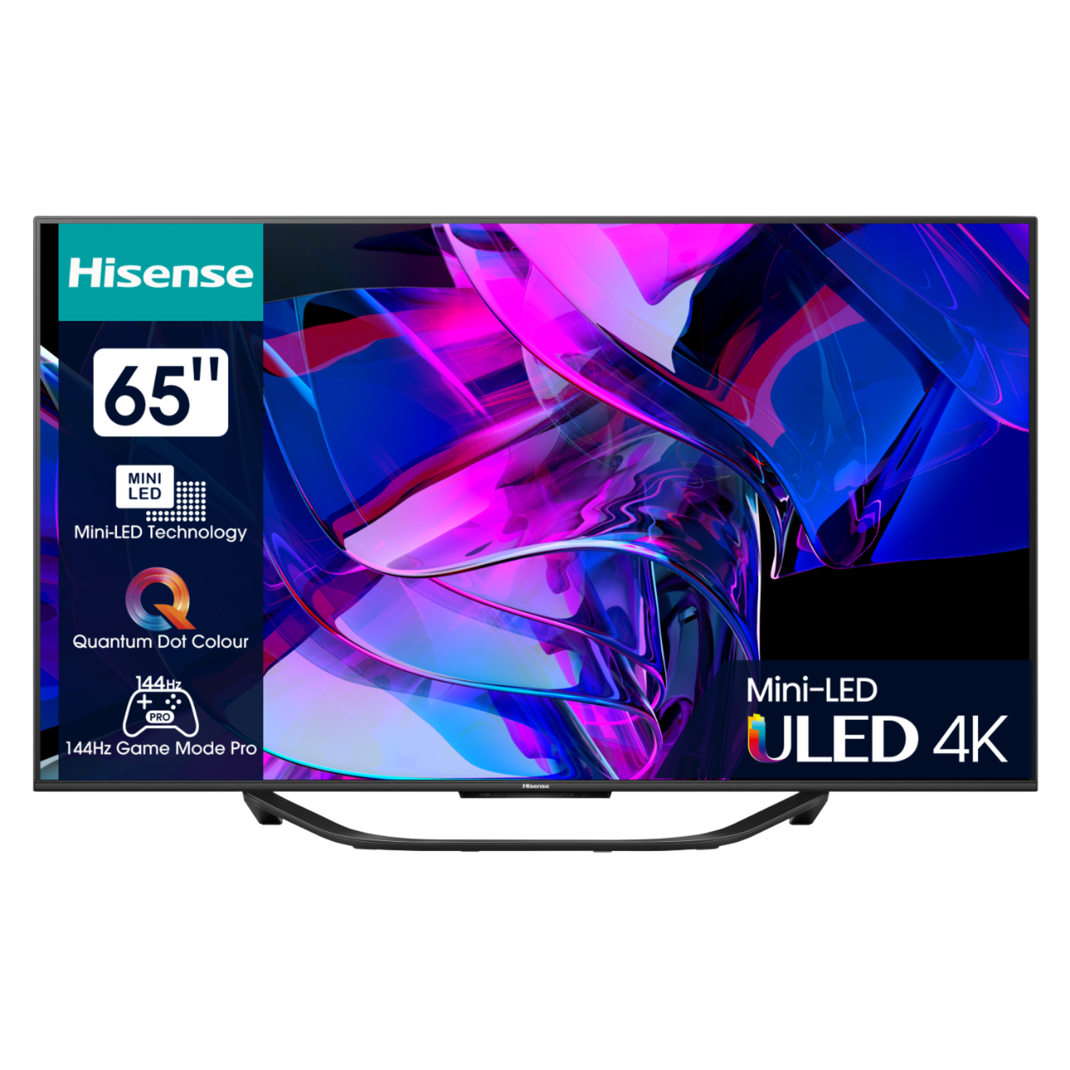 65-inch Hisense TV met graphics en functies. Geïsoleerd op wit.