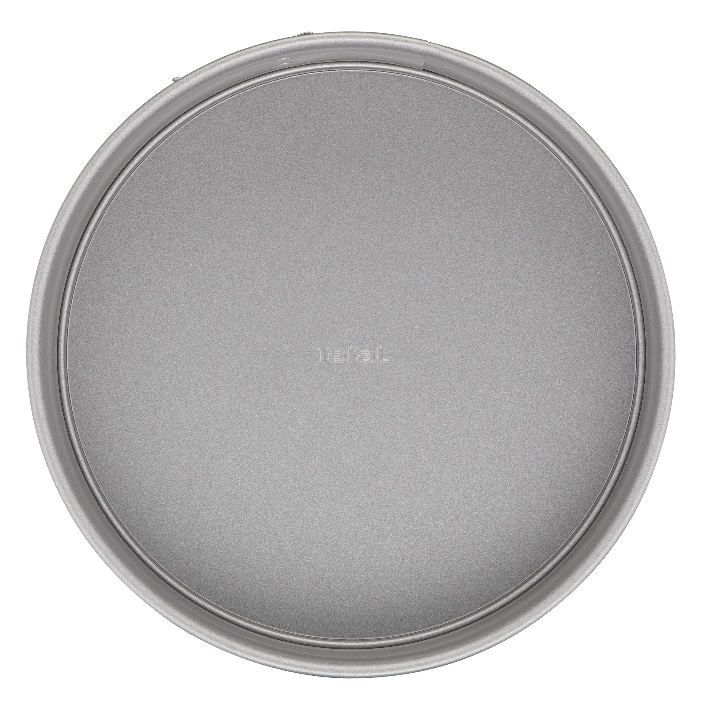 Srebrna okrągła forma do pieczenia z logo Tefal pośrodku.