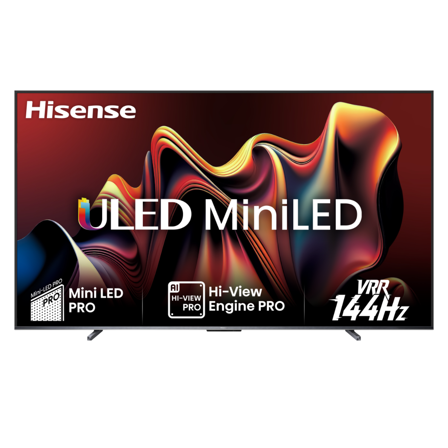 Hisense ULED Mini LED TV met kleurrijke afbeelding. Zwart frame en standaard. Zwarte achtergrond.