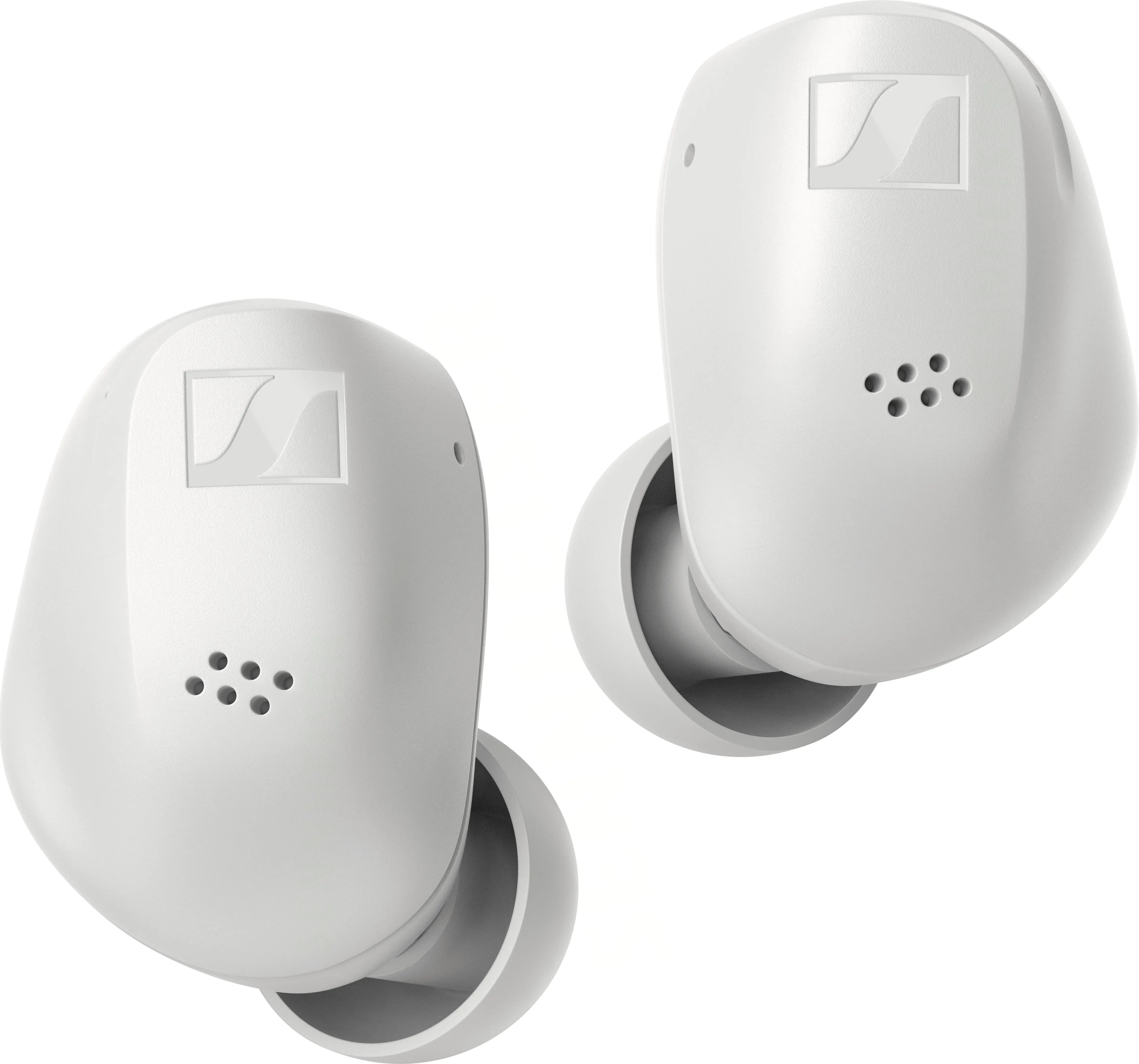 Deux écouteurs sans fil blancs avec logo Sennheiser. Forme arrondie, petits trous.