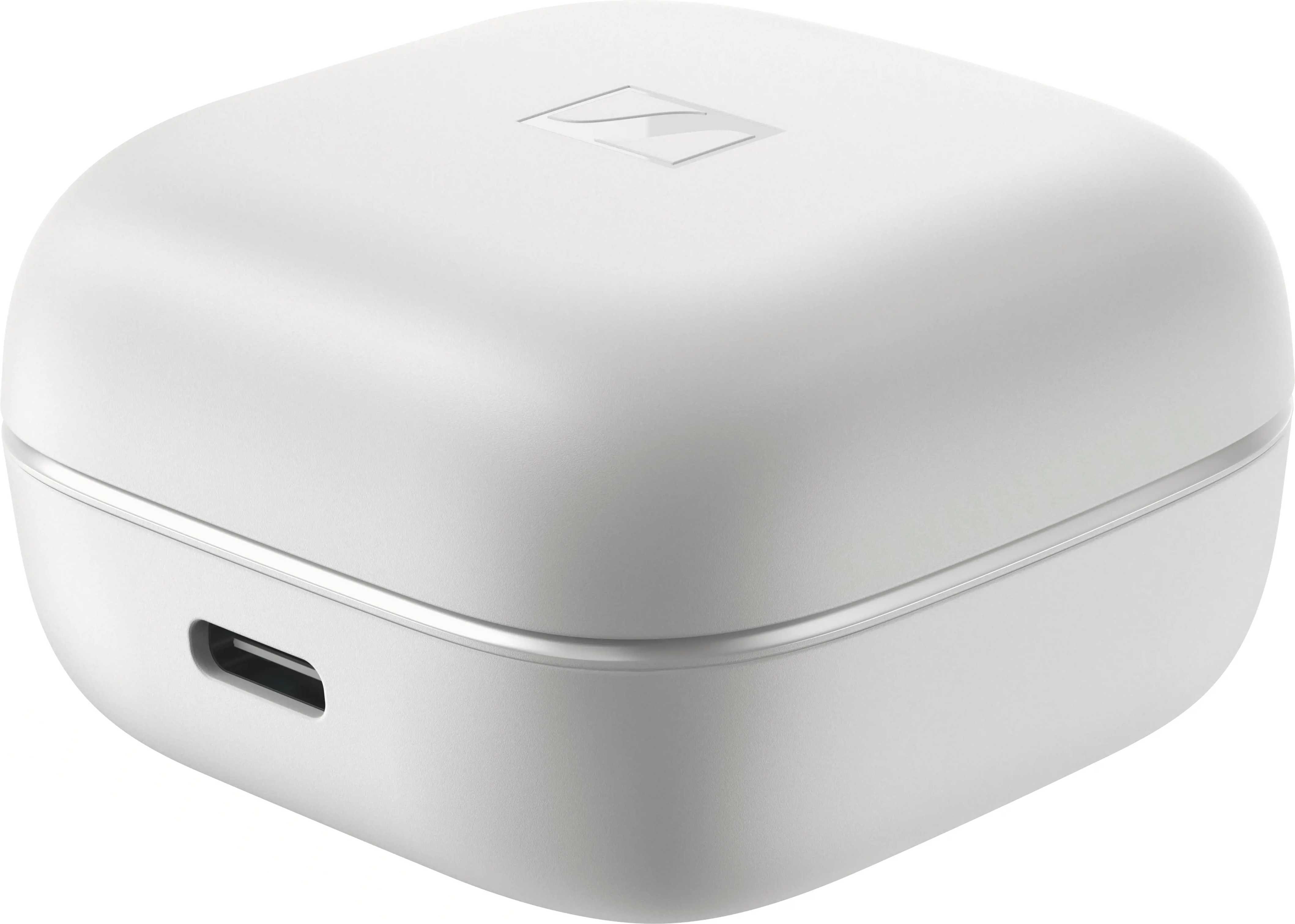 Étui de chargement d'écouteurs Sennheiser blanc avec un port USB-C.