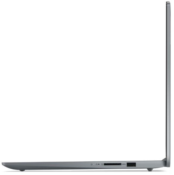 Egy szürke laptop oldalsó nézete, lezárva, fehér felületen.