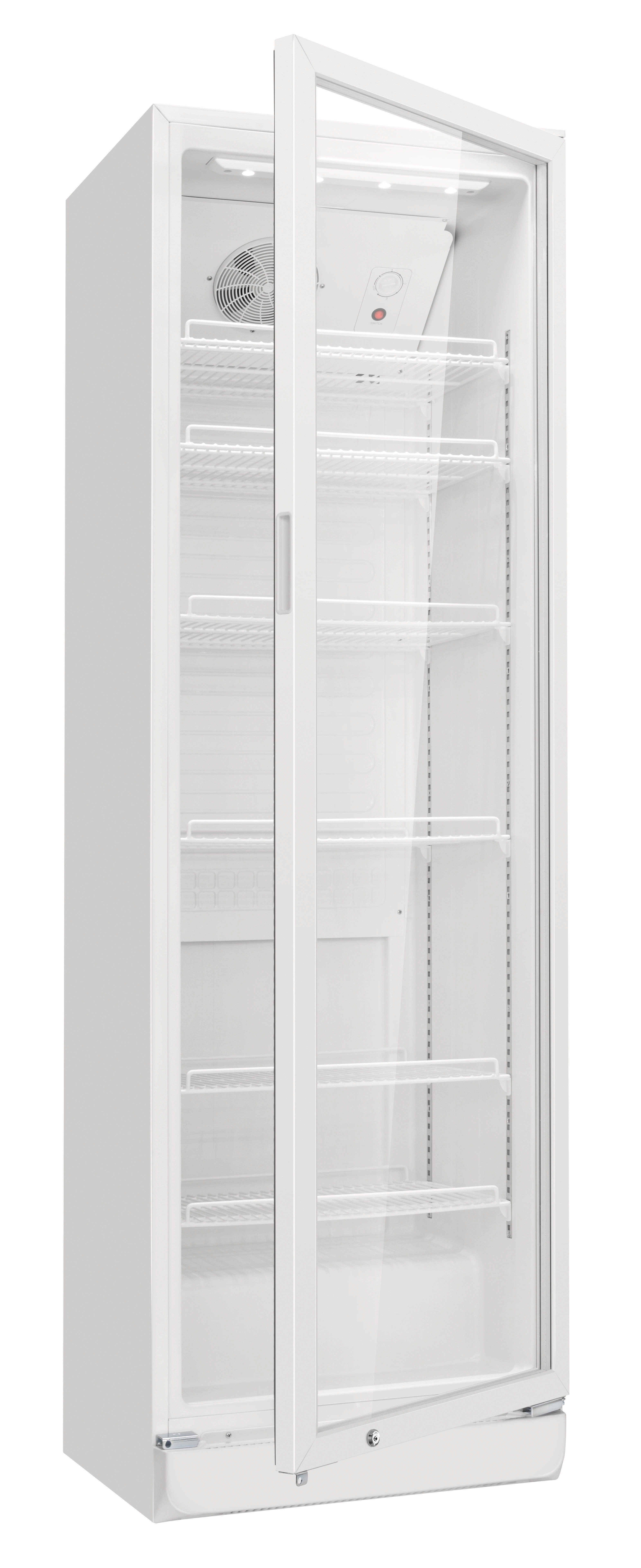 Ein weißer Kühlschrank mit teilweise geöffneter Tür. Er hat Glastüren und mehrere Drahtregale im Inneren.