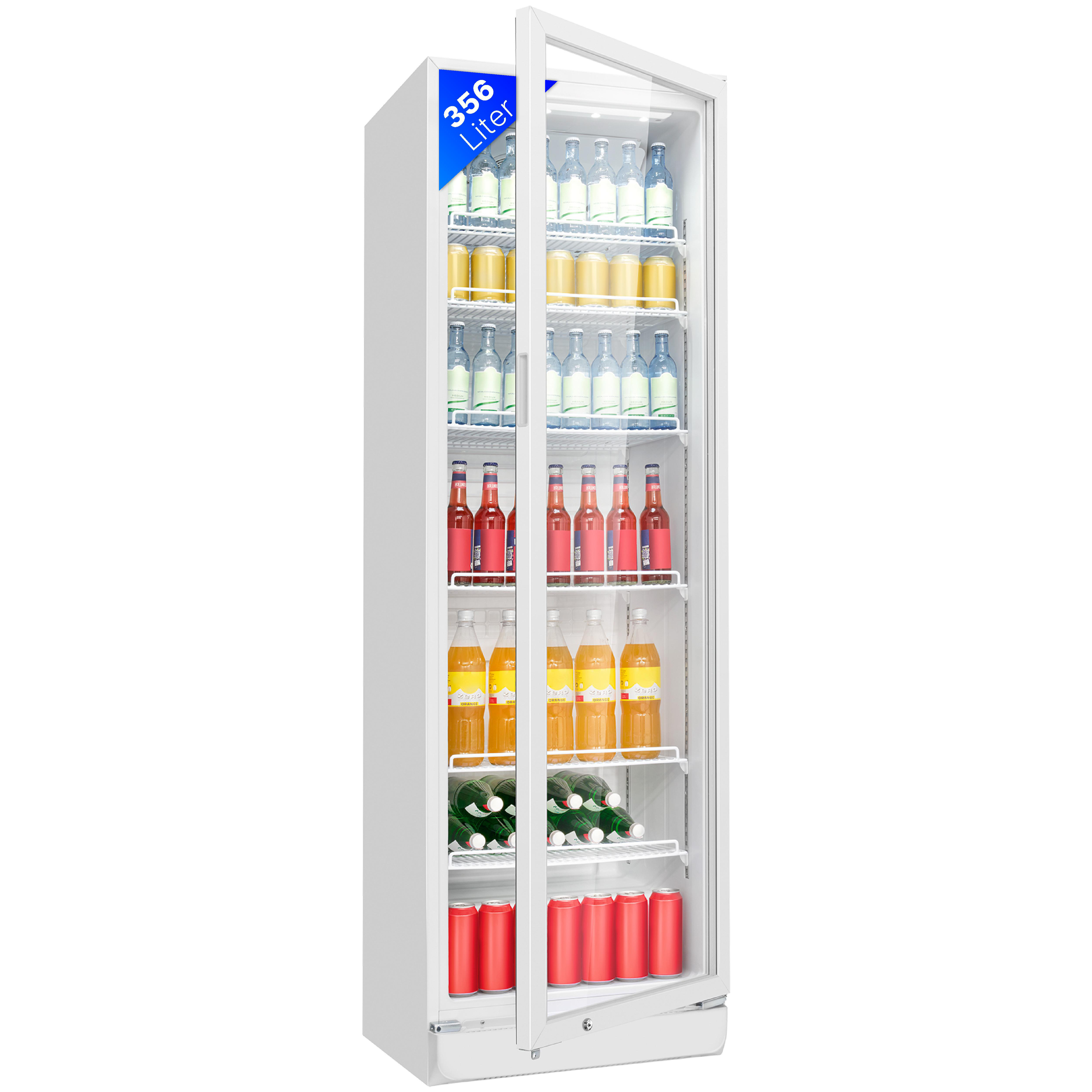 Ein weißer Kühlschrank mit Glastür ist geöffnet. Im Inneren befinden sich Wasserflaschen, Saft und Limonadendosen.
