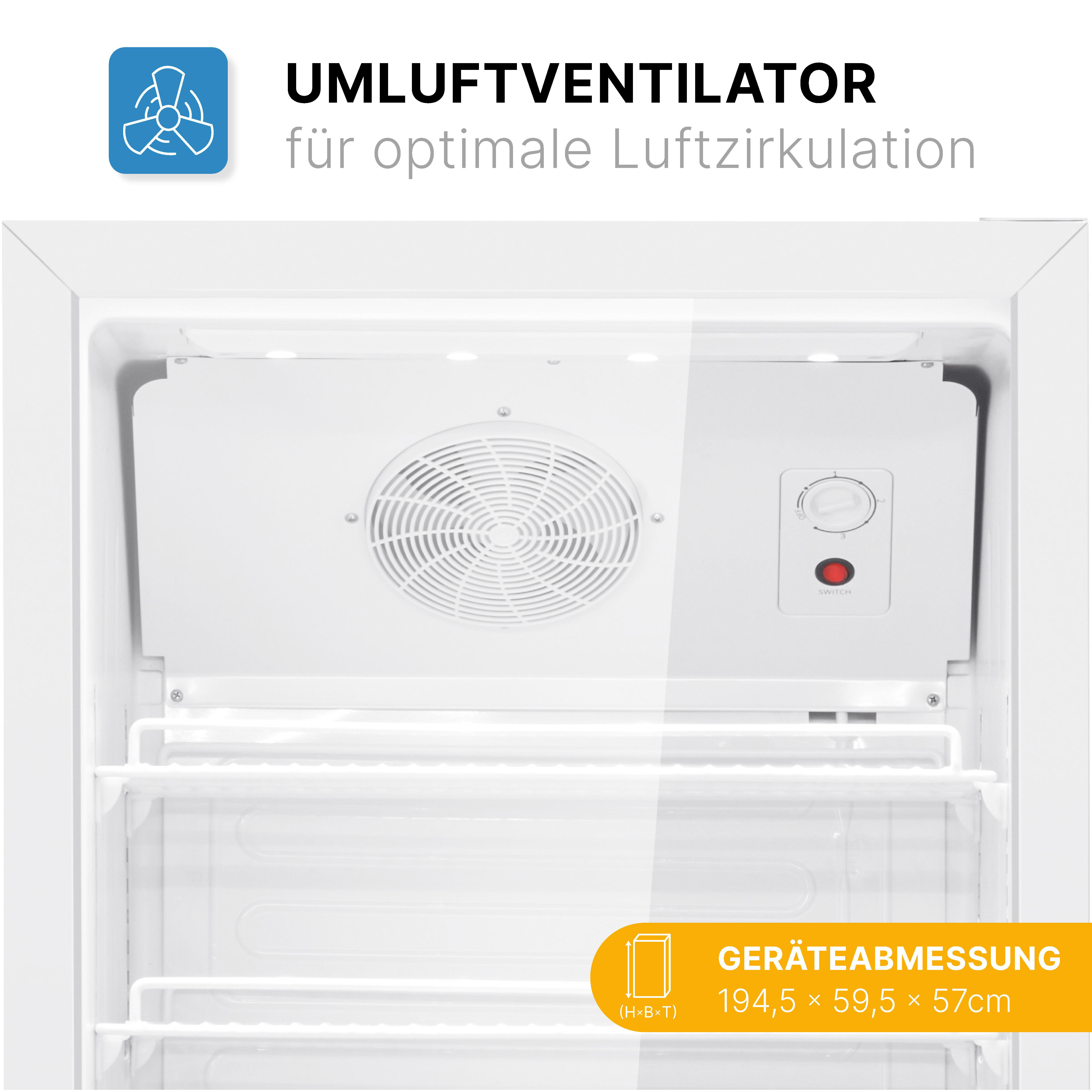 Weißer Innenraum eines Kühlschranks mit Ventilator, Bedienfeld und Abmessungen. Der Text lautet: UMLUFTVENTILATOR.