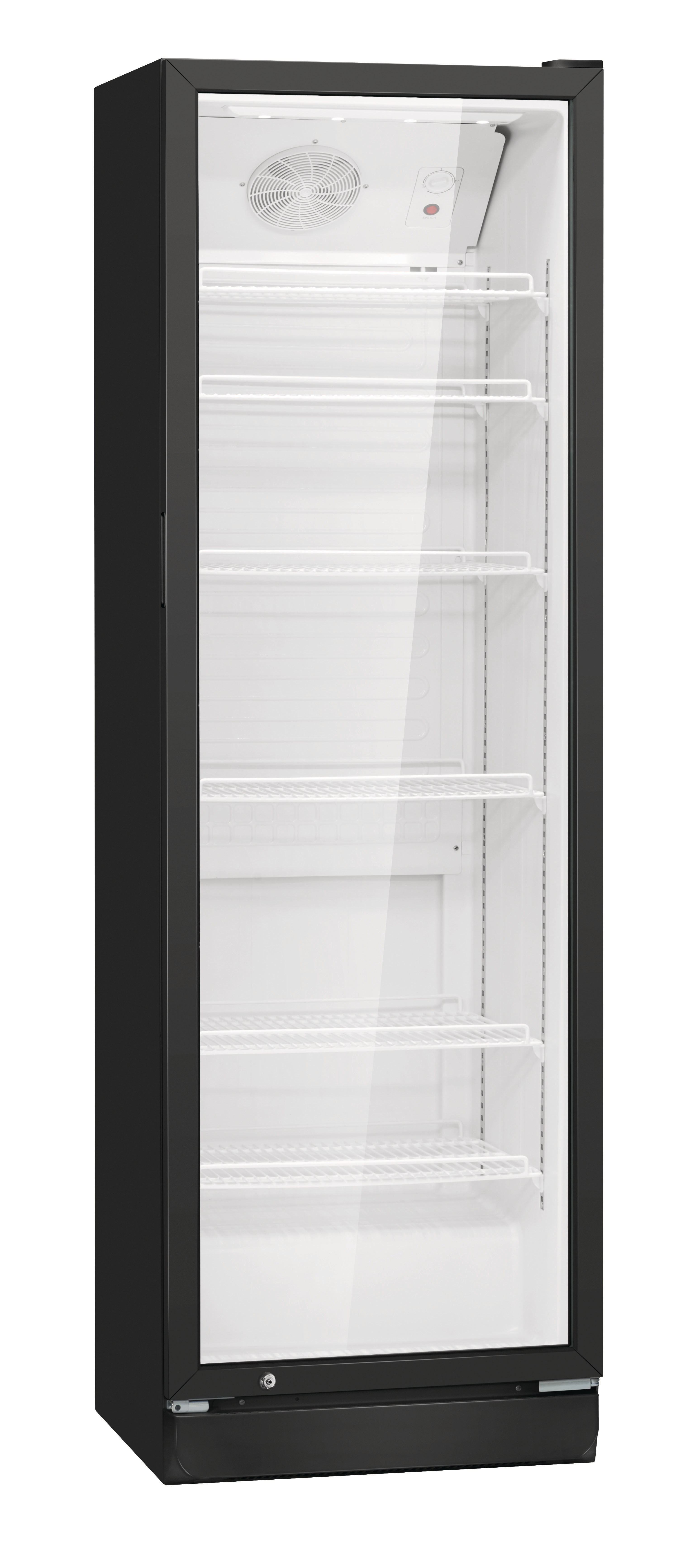 Ein schwarzer gewerblicher Kühlschrank mit Glastür und weißen Regalen. Innen befinden sich ein Ventilator und ein Bedienfeld.