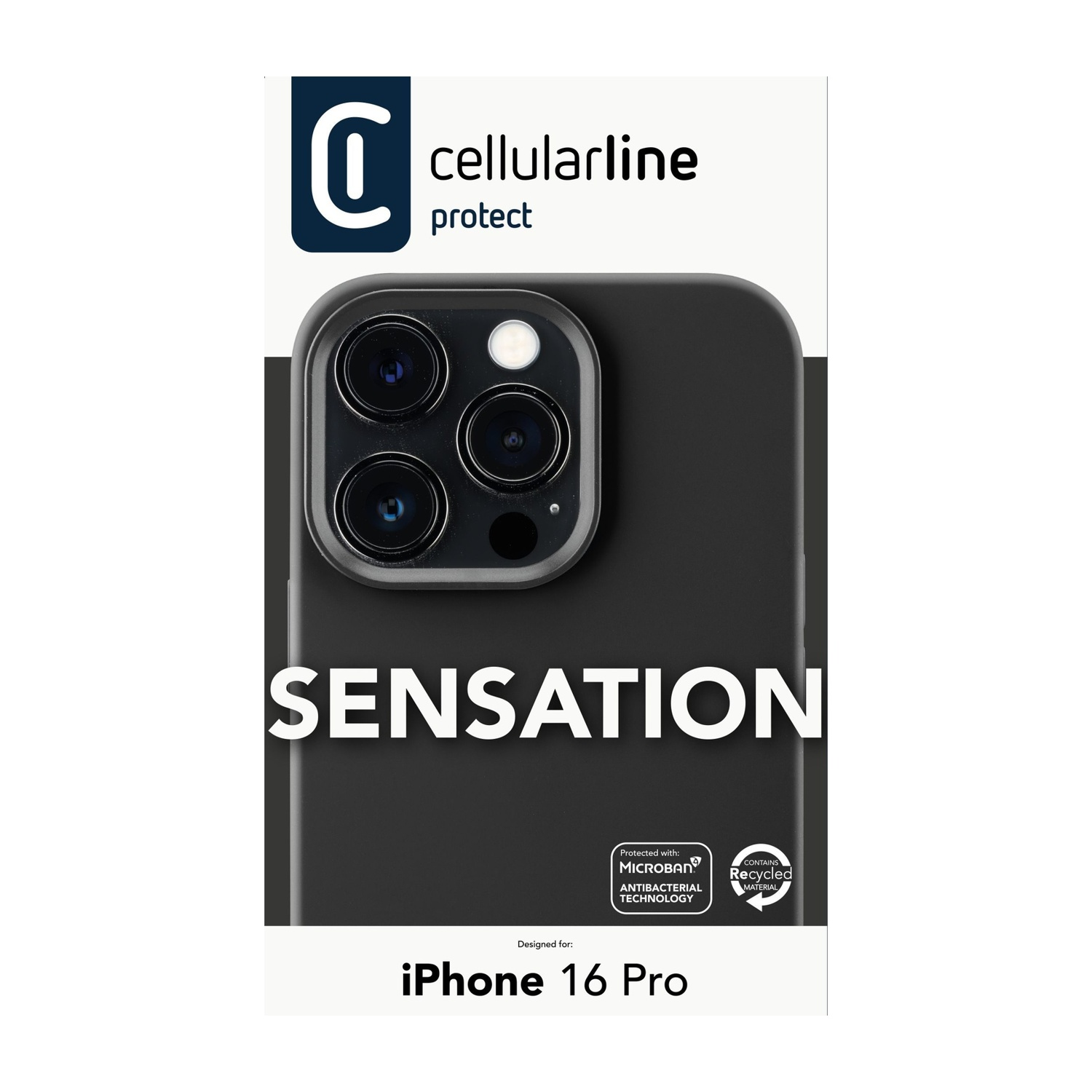 Custodia per iPhone 16 Pro con dettagli del prodotto e una scatola su sfondo bianco.