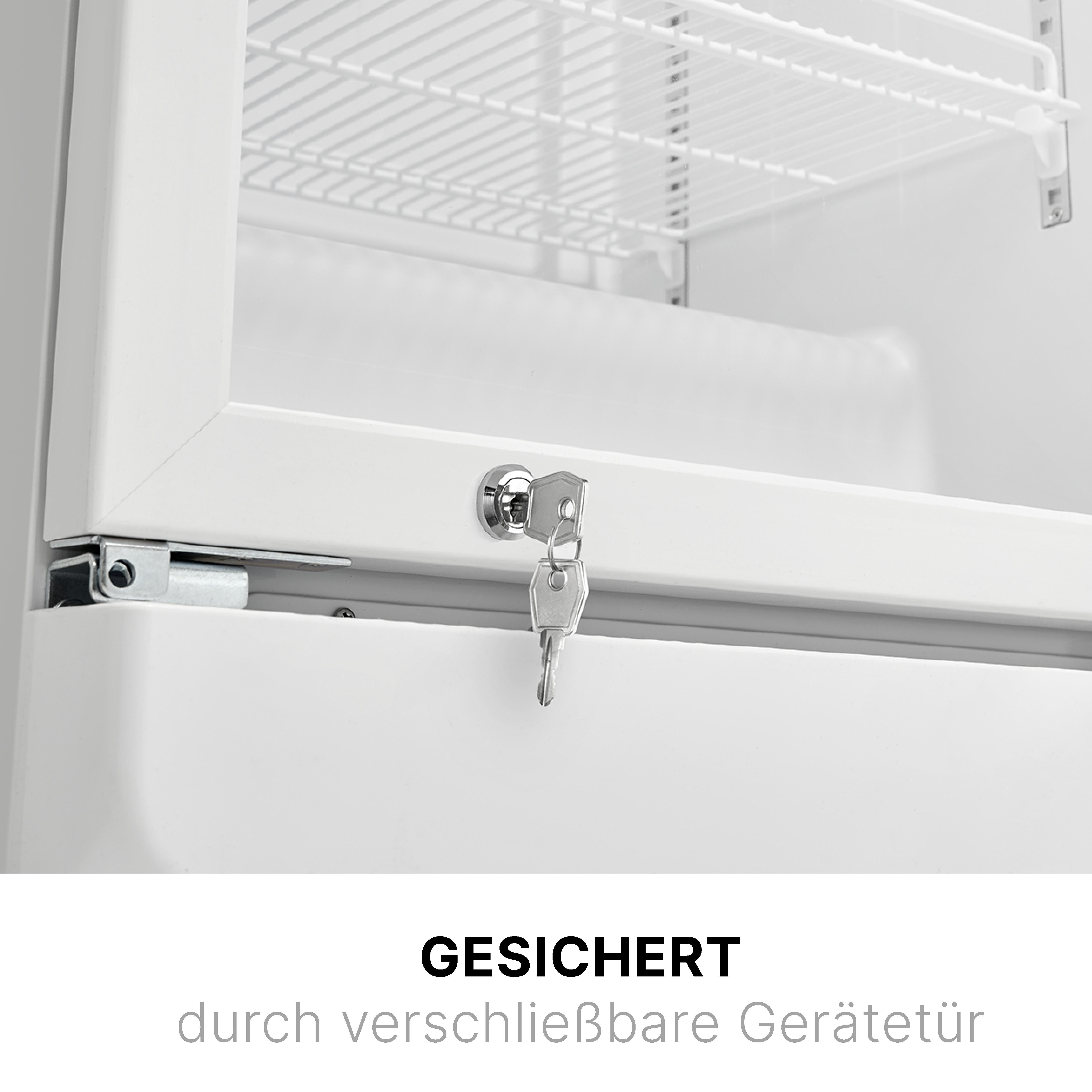 Eine weiße Kühlschranktür mit Schloss und Schlüsseln. Im Inneren ist ein Regal zu sehen. Der Text 'GESICHERT' steht unten.