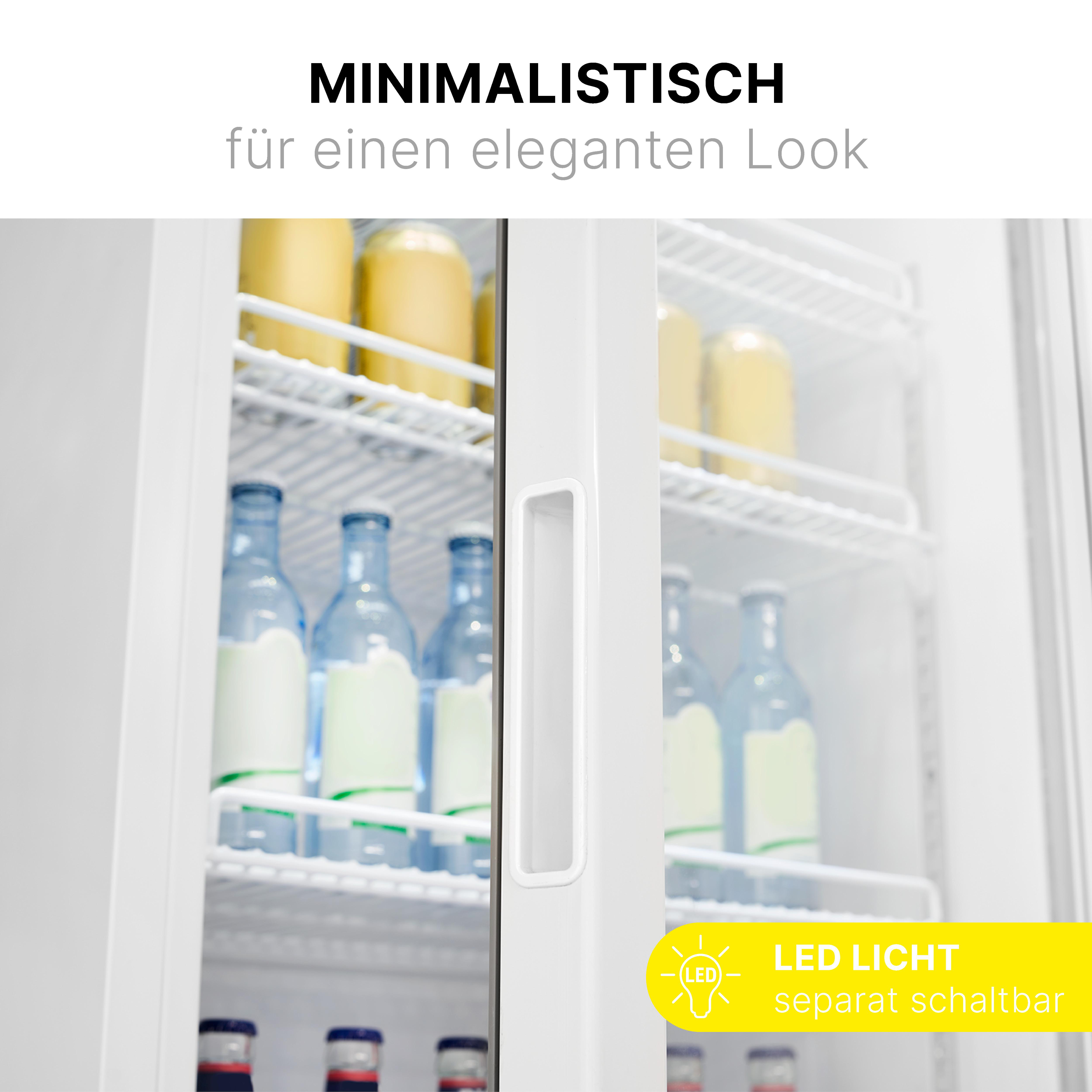 Ein weißer Kühlschrank mit Glastüren. Im Inneren befinden sich Flaschen mit verschiedenen Getränken. Der Text lautet LED-Licht.