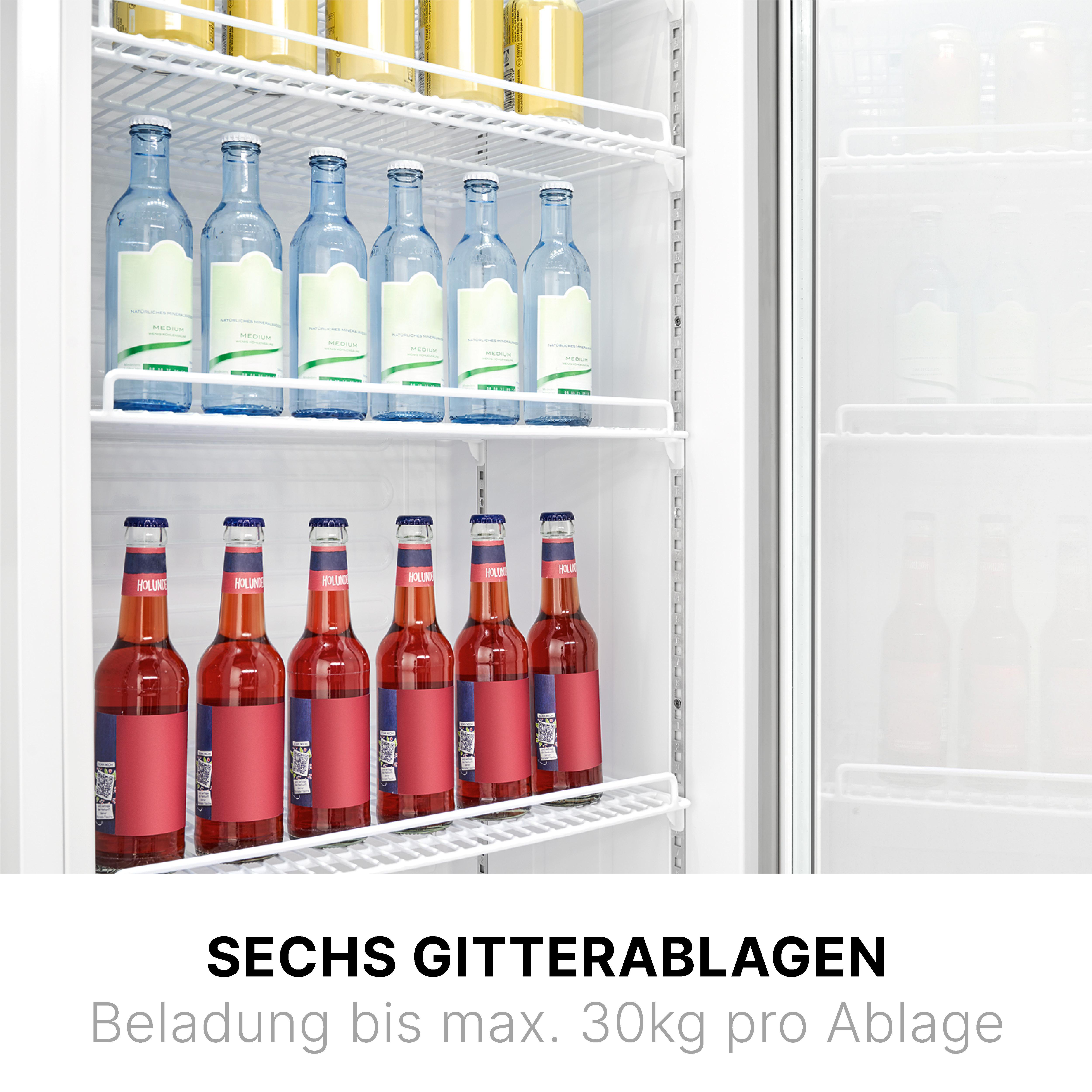 Innenraum eines Kühlschranks mit Wasser- und Bierflaschen. Text: 'sechs Regale, Beladung bis 30kg pro Regal'.