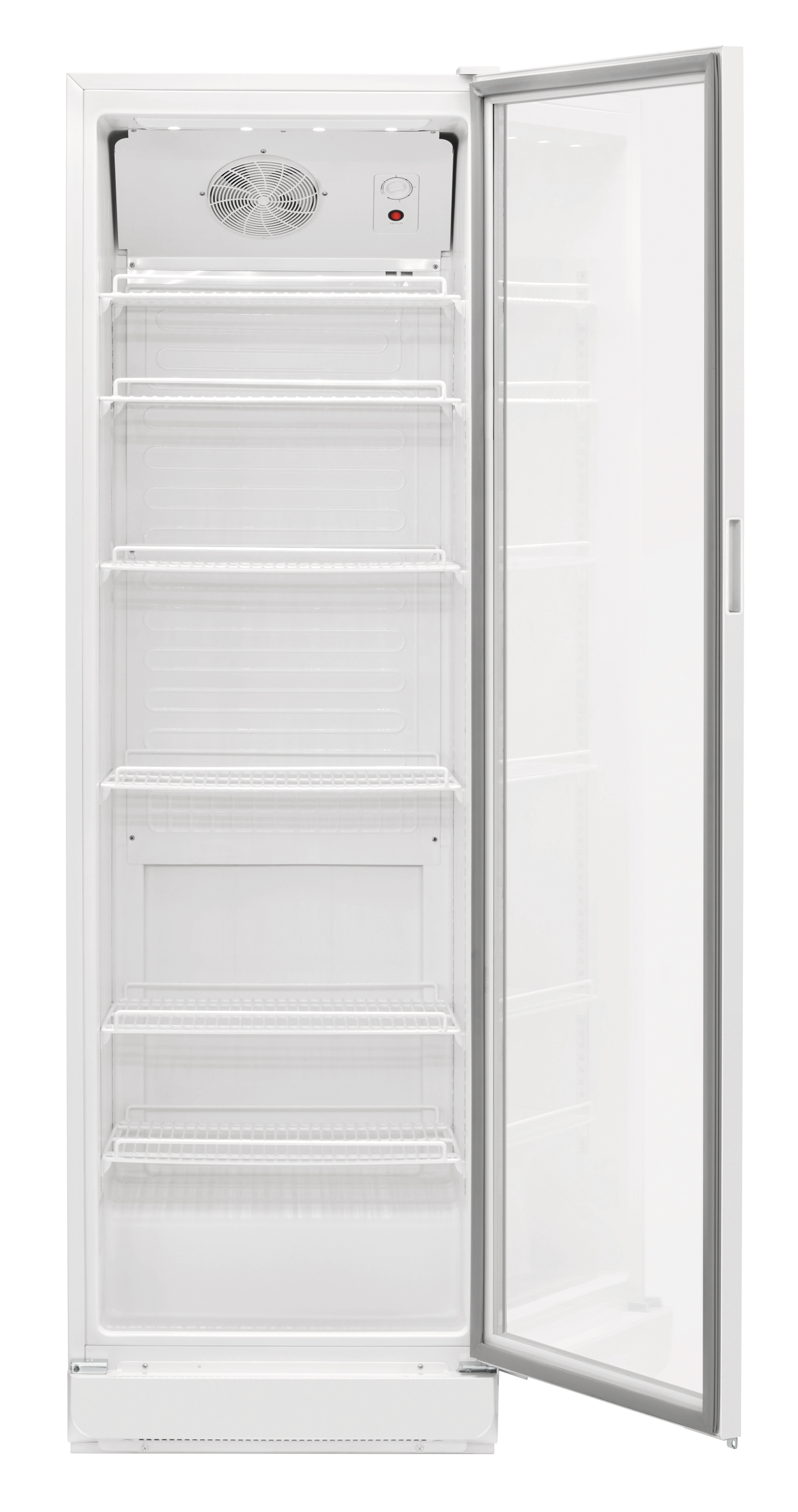 Ein weißer, offener Kühlschrank mit Glastür. Regale sind sichtbar. Oben befinden sich ein Ventilator und Bedienelemente.