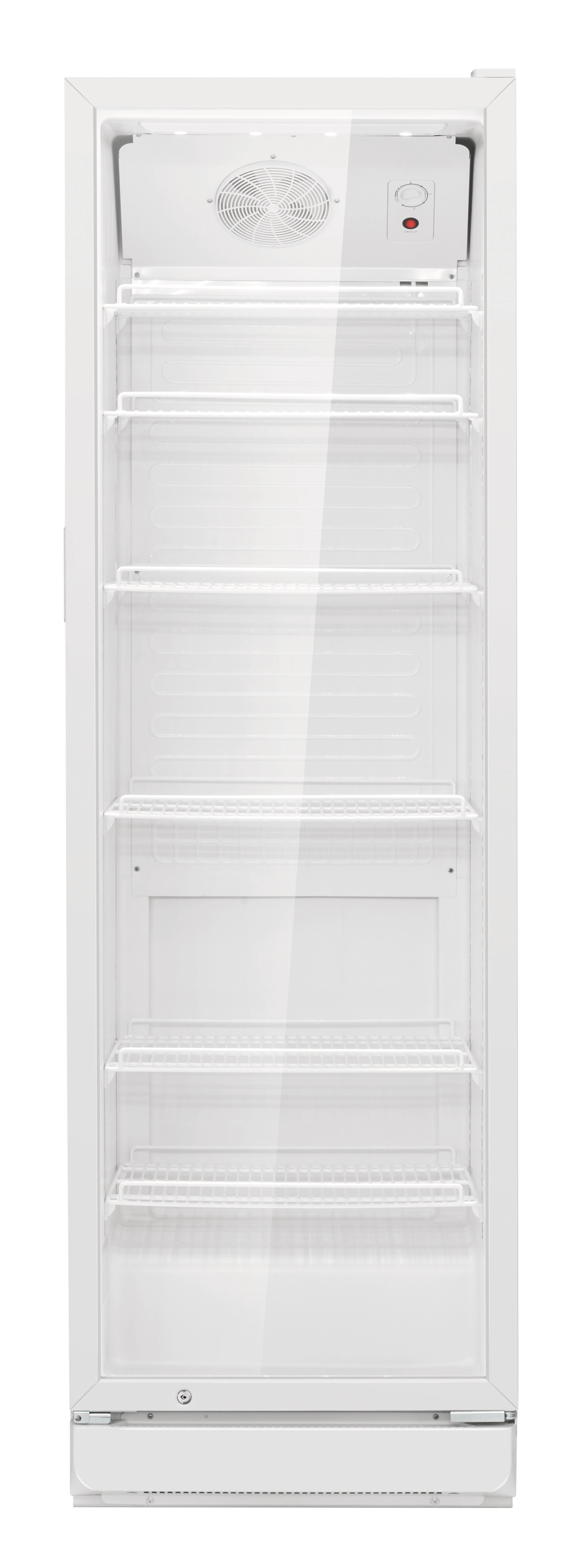 Ein weißer Gewerbekühlschrank mit Glastür. Er hat Regale im Inneren. Oben befinden sich ein Ventilator und Bedienelemente.