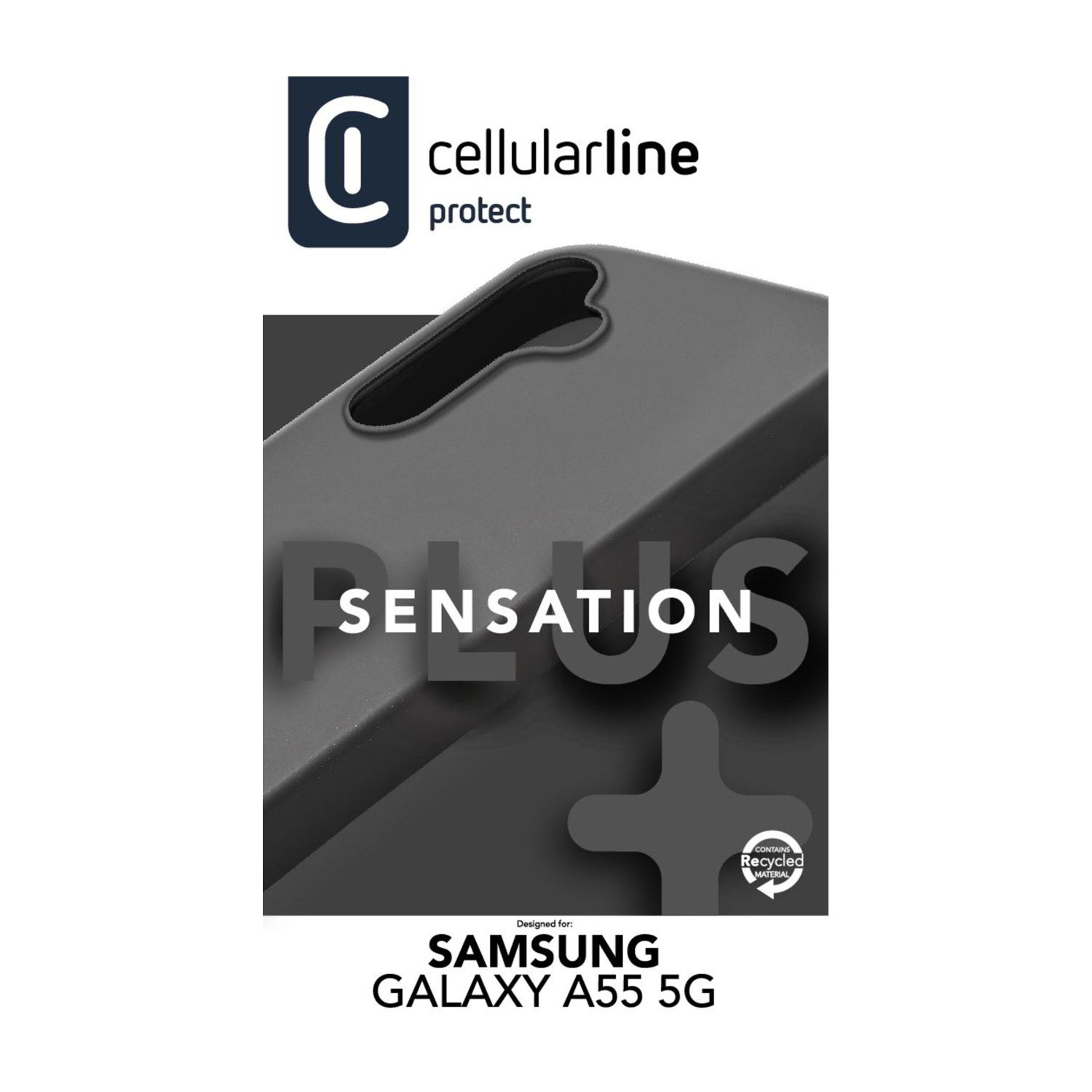 Una custodia nera per telefono con il testo 'SENSATION', per un Samsung Galaxy A55 5G.