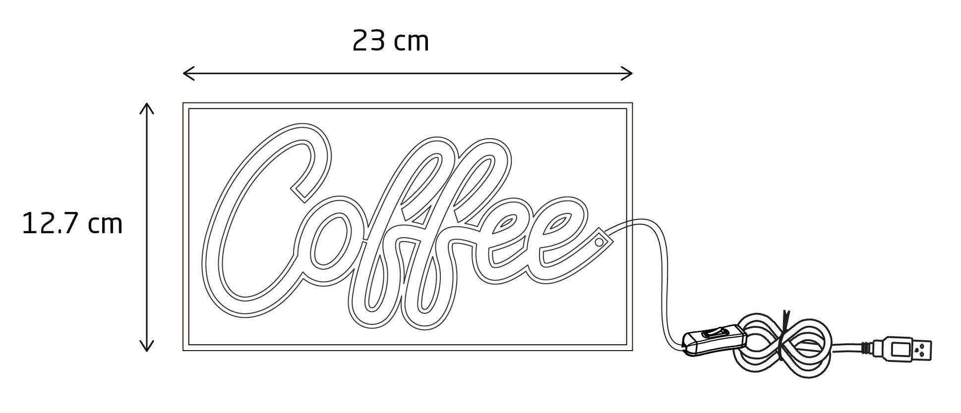 Neonschild mit der Aufschrift 'Coffee'. Maße werden angezeigt. Es hat ein USB-Kabel.