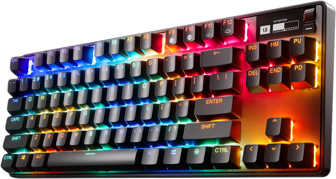 RGB gaming billentyűzet színes gombokkal fekete felületen.