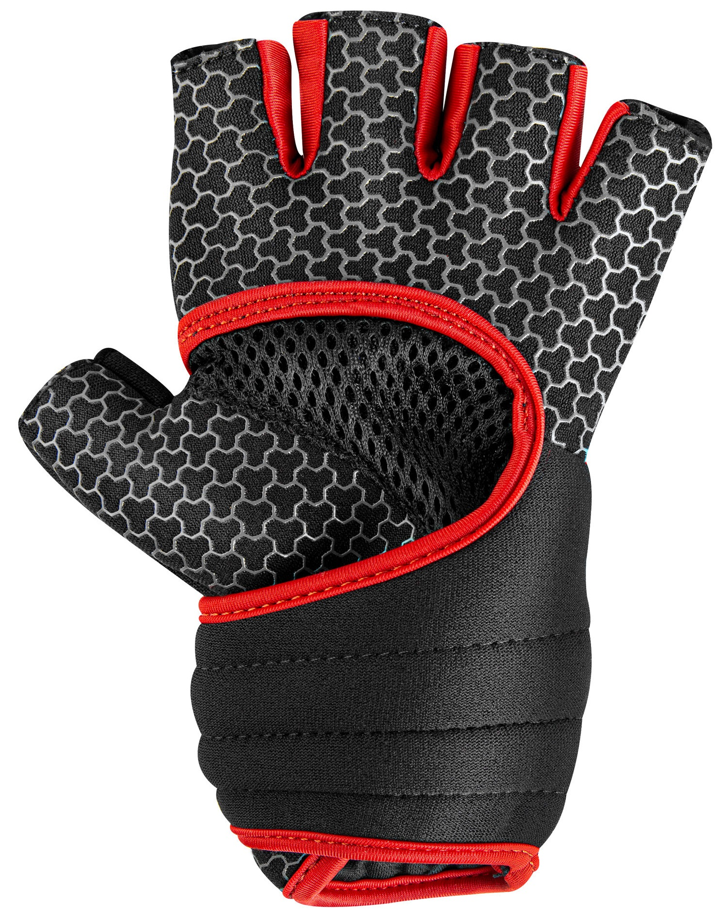 Czarna i czerwona rękawica do podnoszenia ciężarów, z siatką i wzorem plastra miodu oraz podpórką na nadgarstek.