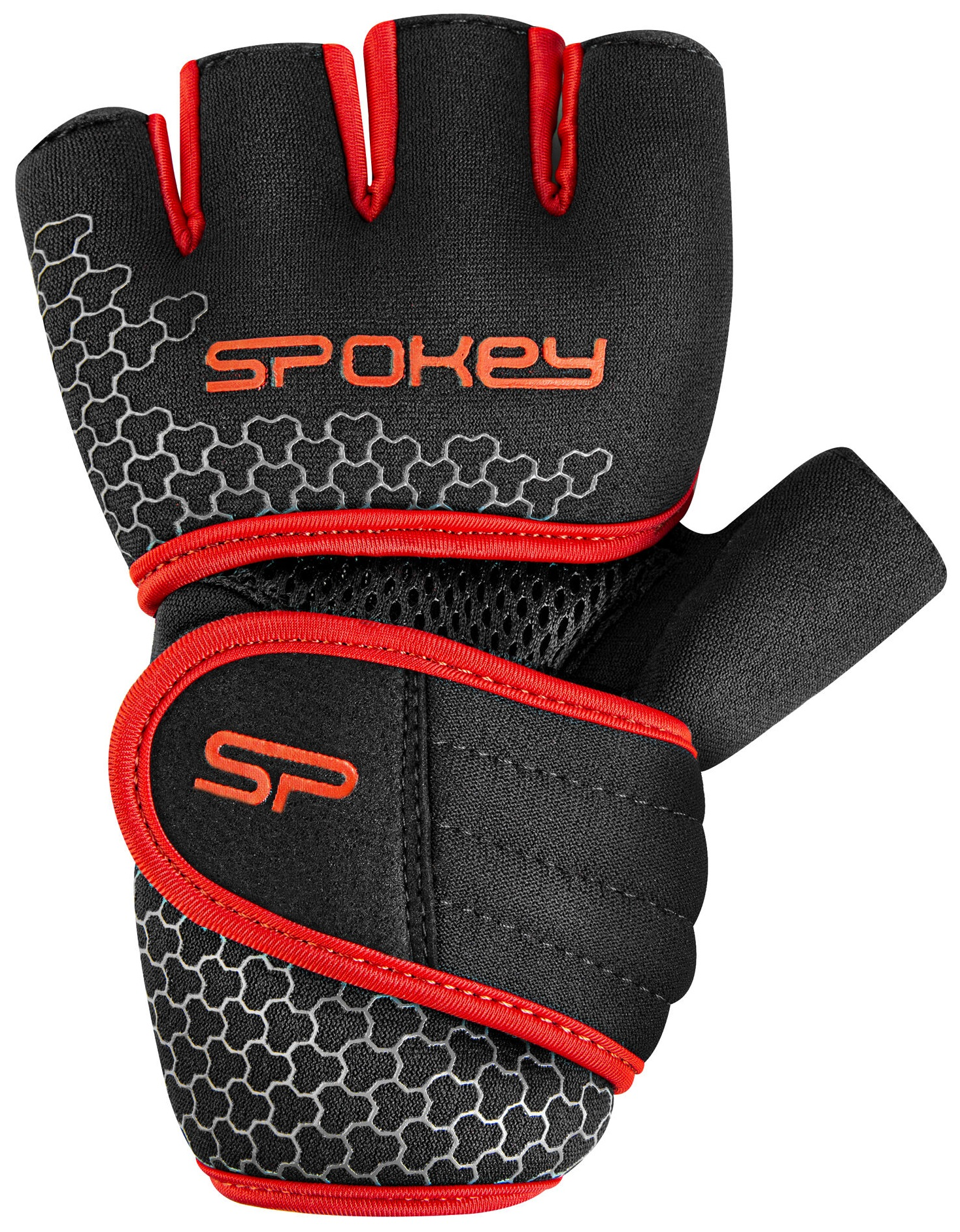 Czarna i czerwona rękawica do podnoszenia ciężarów. Czerwone akcenty, wzór plastra miodu, logo Spokey.