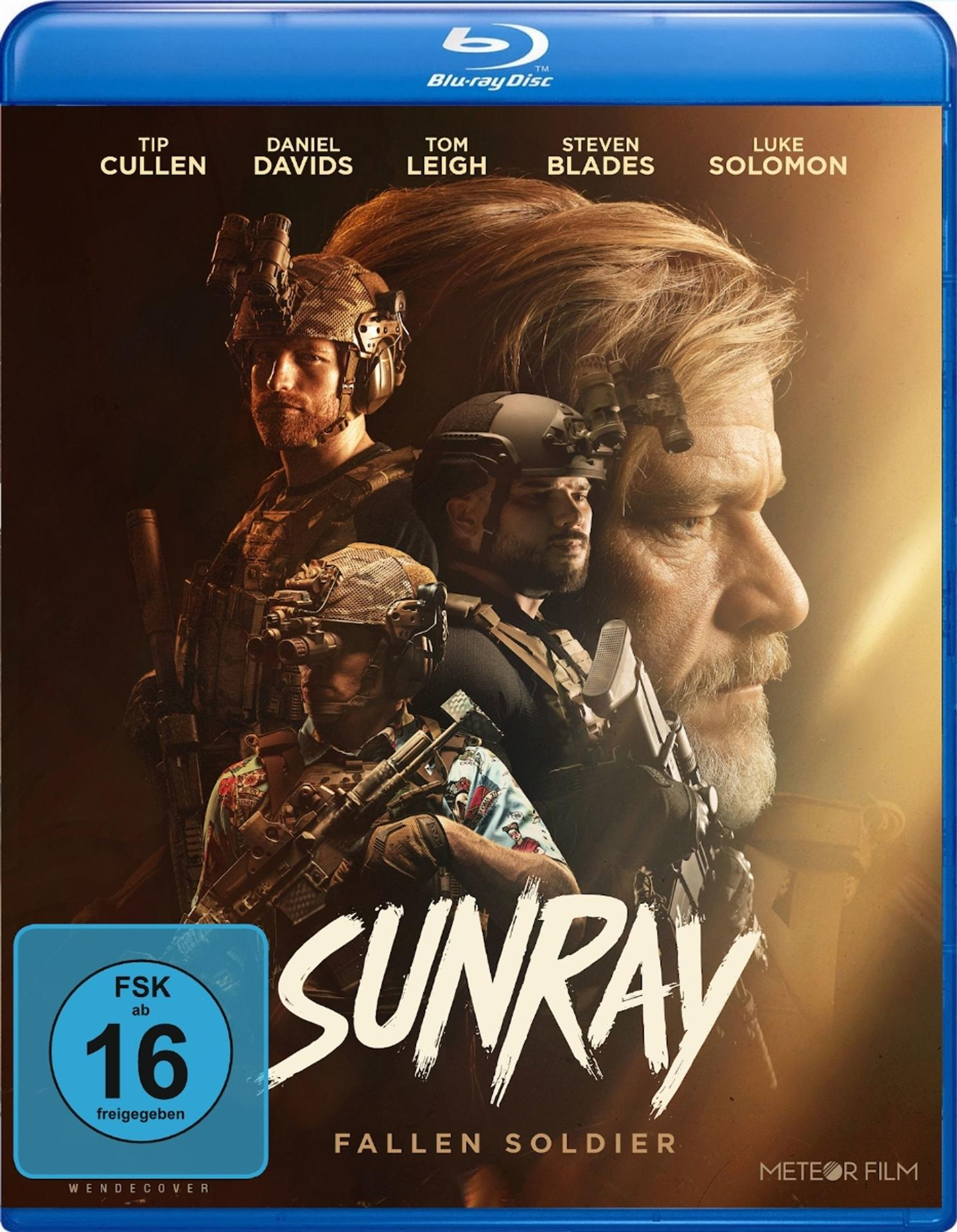 Blu-ray-Cover mit Schauspielern. Der Titel 'Sunray' mit einem gefallenen Soldaten unten. FSK-Bewertung.